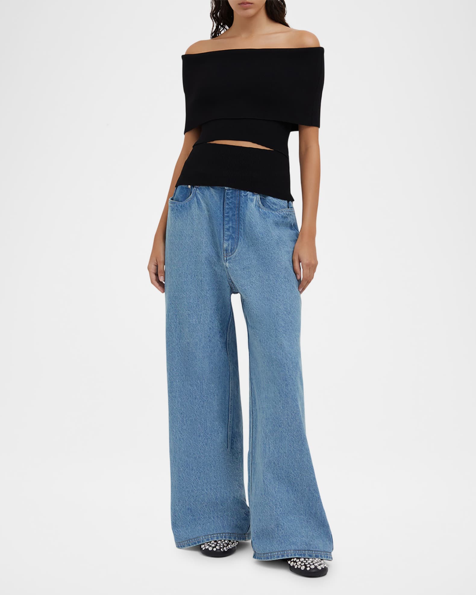 Off-Shoulder Slashed Knit Shawl Top 1