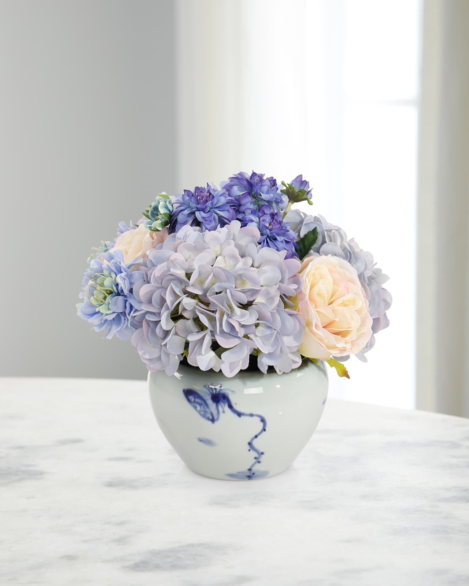 Chinoiserie Blue 12" Faux Floral Arrangement in Porcelain Bowl 0