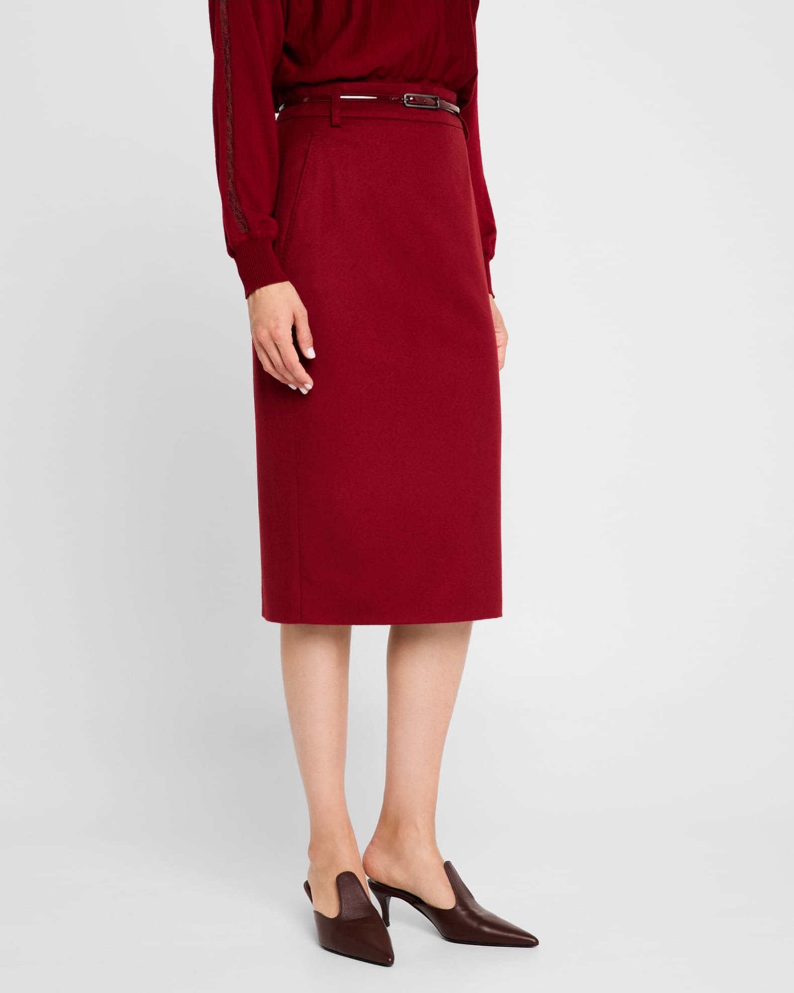 Max Mara Ginseng Belted Midi Pencil Skirt Bordeaux
