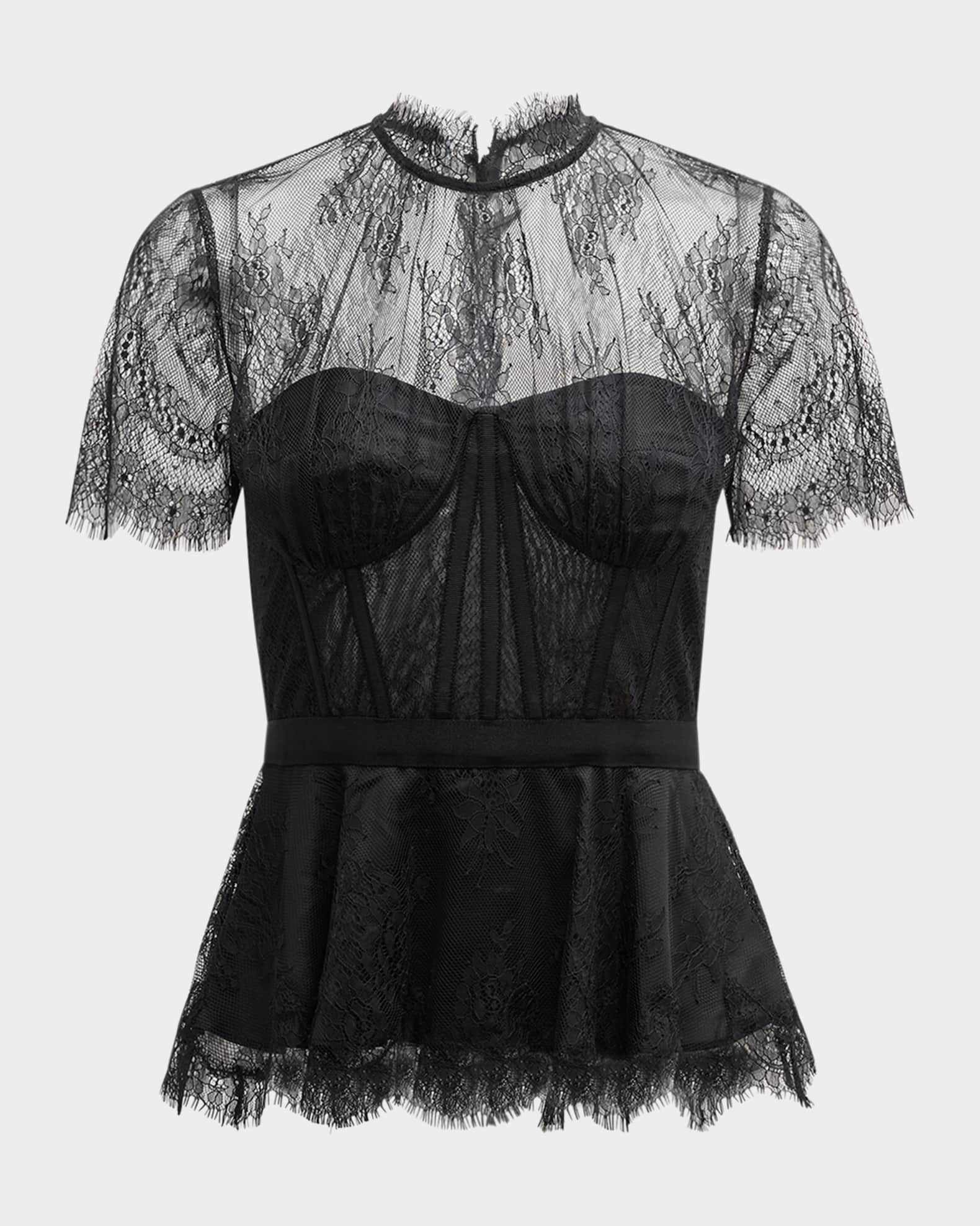 Kehlani Sheer Lace Short-Sleeve Peplum Bustier Top 0
