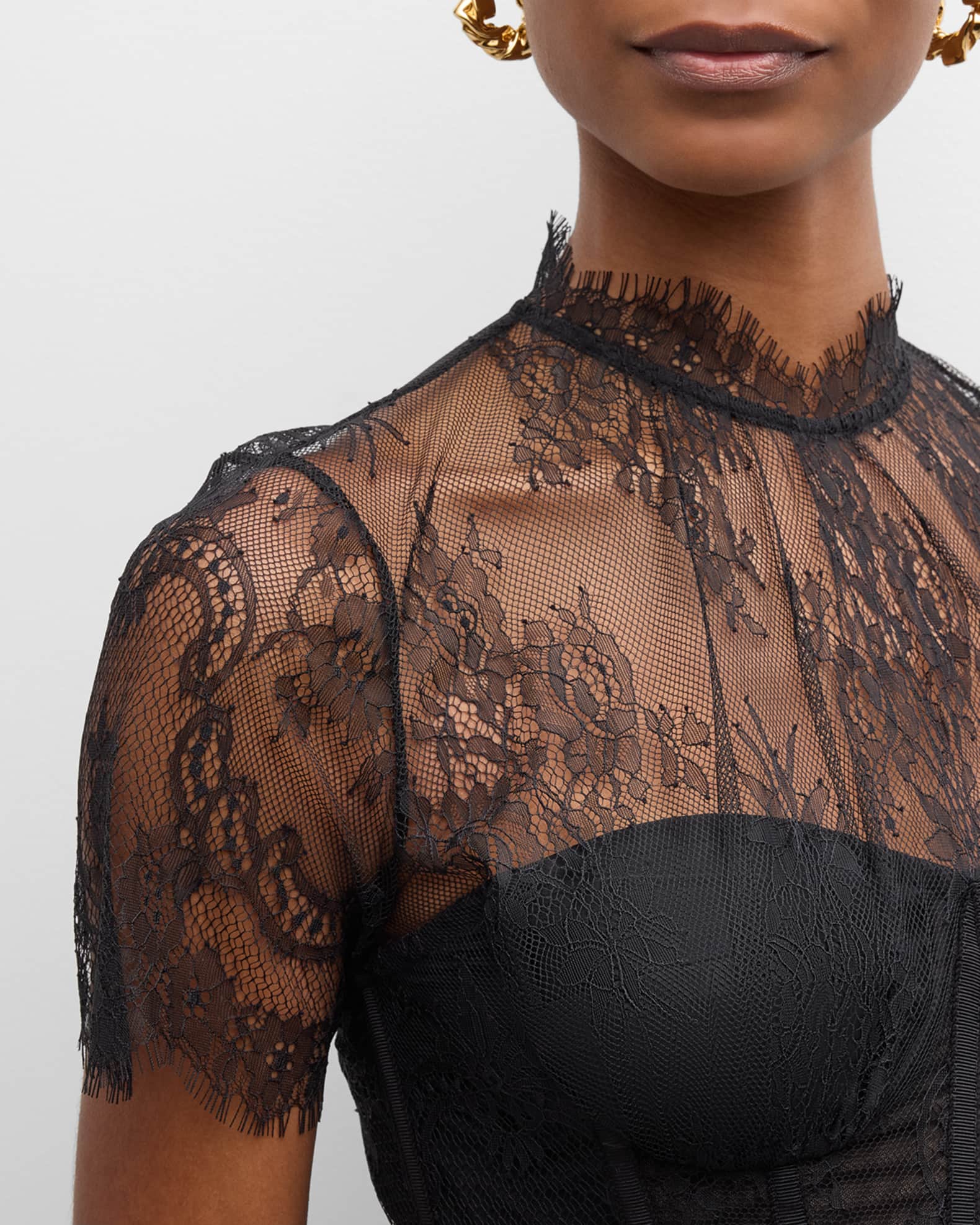 SIMKHAI Kehlani Sheer Lace Short-Sleeve Peplum Bustier Top SIMKHAI Kehlani Sheer Lace Short-Sleeve Peplum Bustier Top