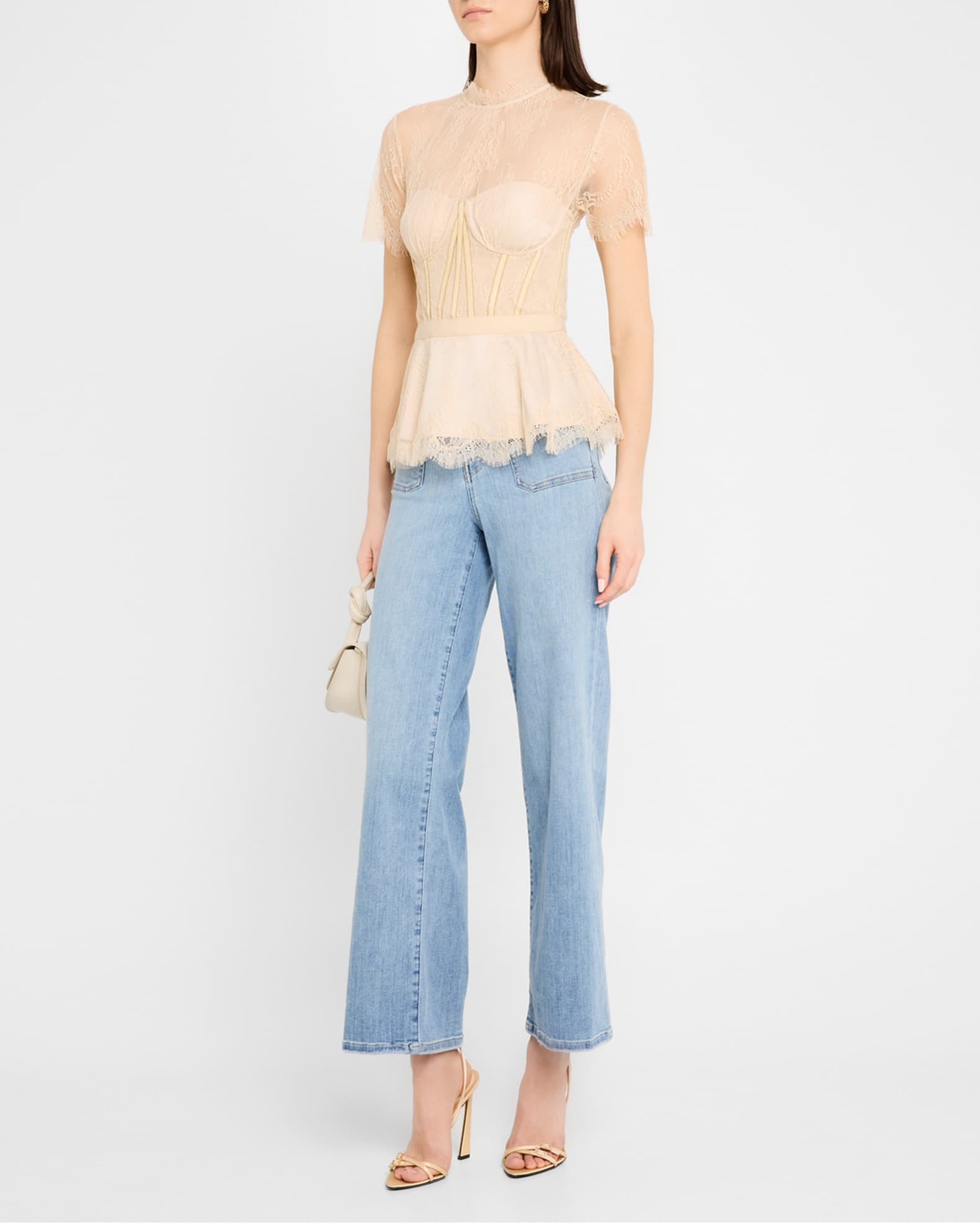 SIMKHAI Kehlani Sheer Lace Short-Sleeve Peplum Bustier Top