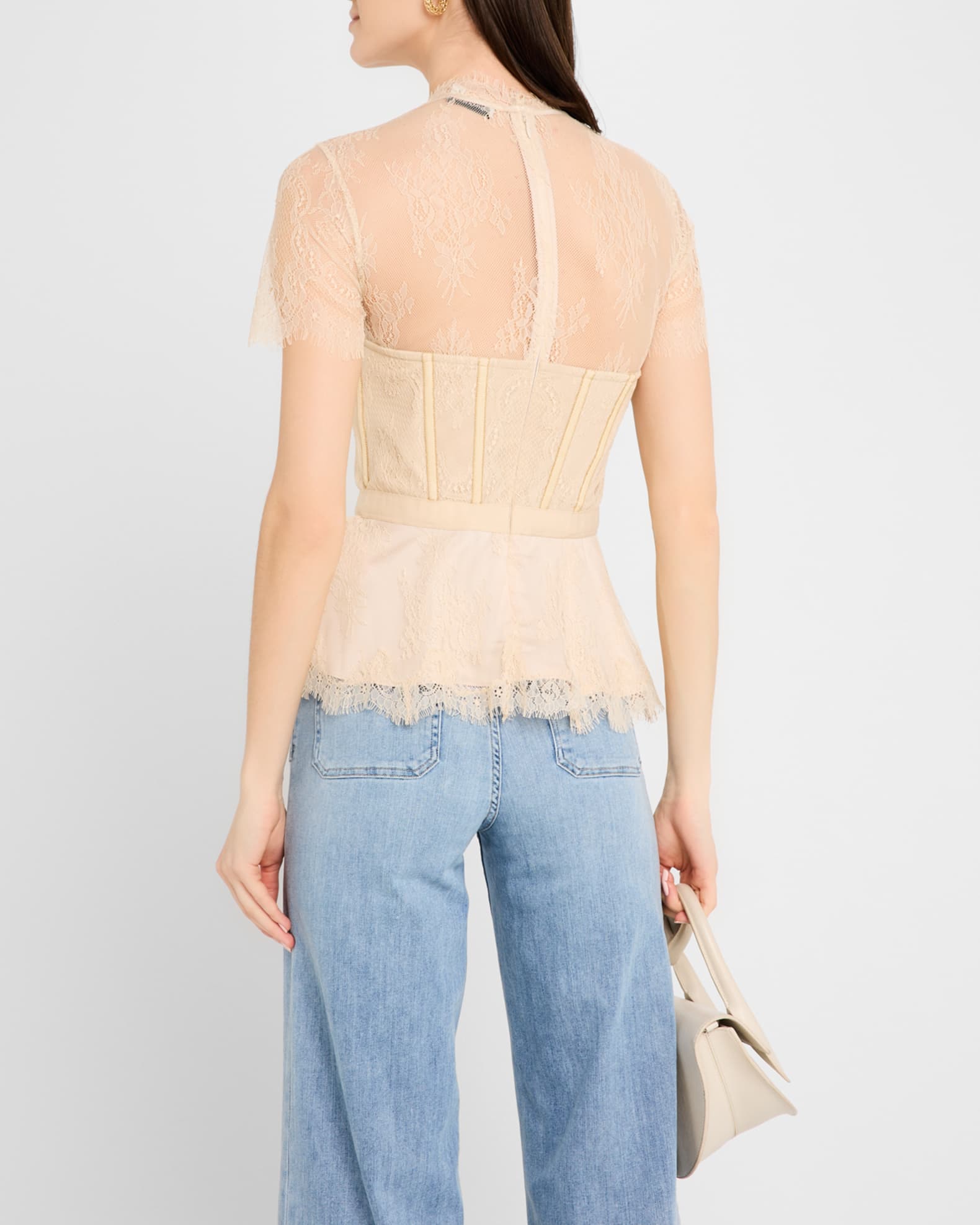 SIMKHAI Kehlani Sheer Lace Short-Sleeve Peplum Bustier Top
