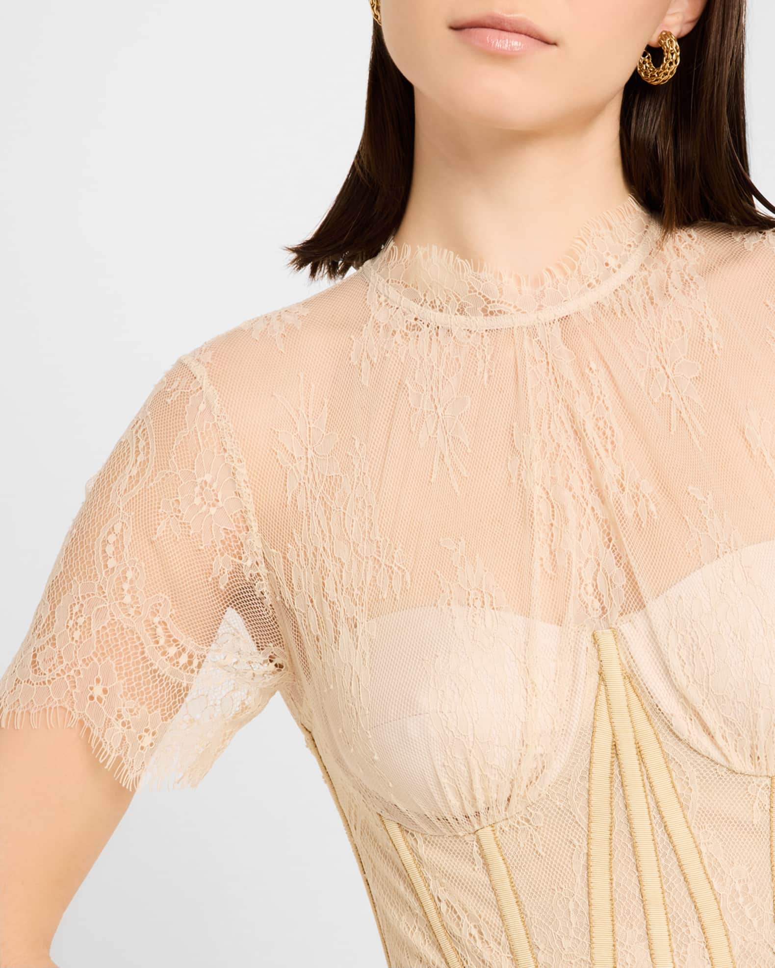 SIMKHAI Kehlani Sheer Lace Short-Sleeve Peplum Bustier Top