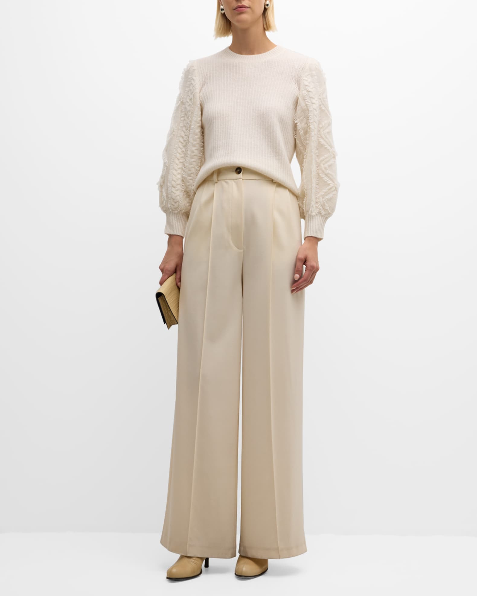 Fringed Puff Sleeve Cashmere Sweater
