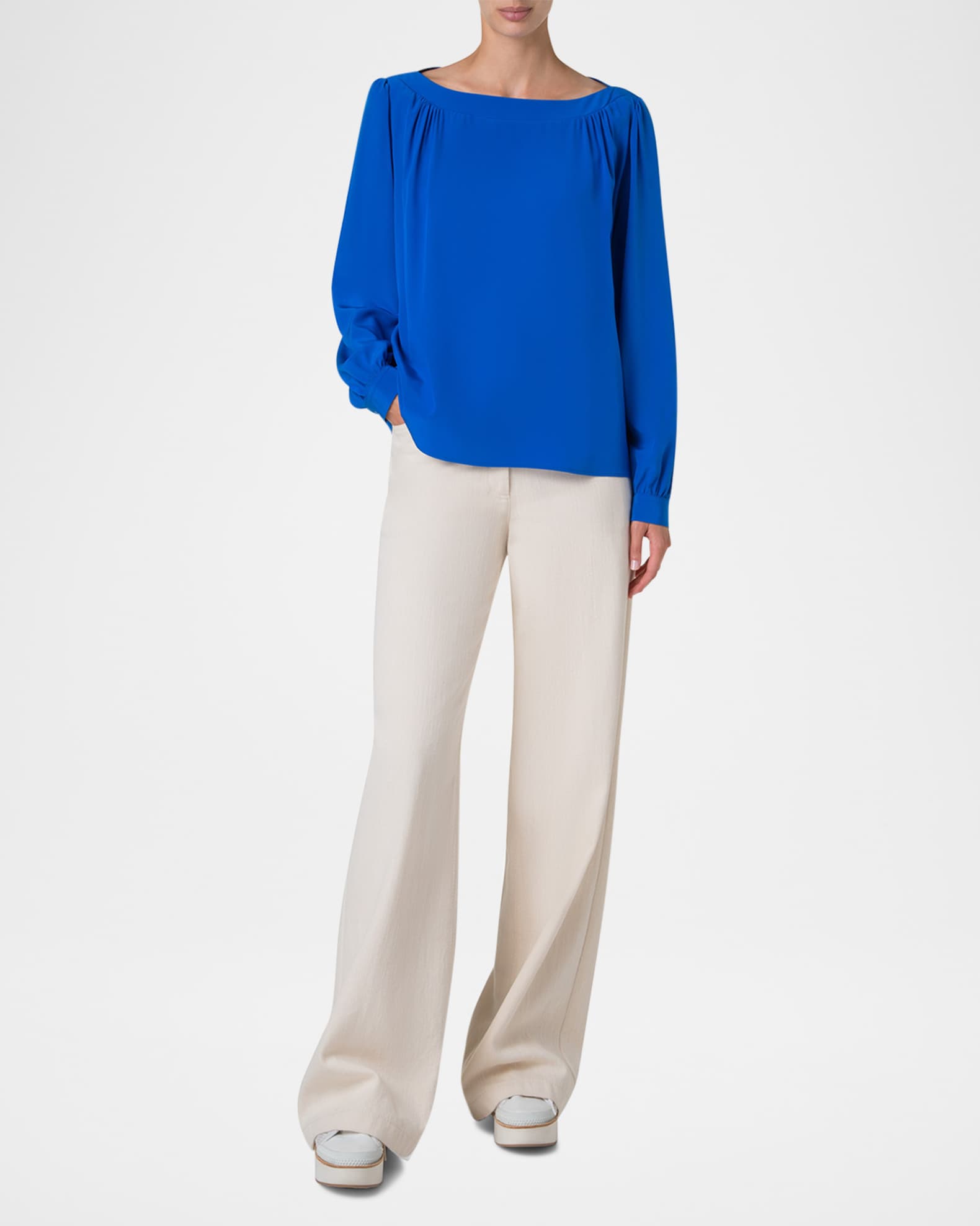 Boat-Neck Long-Sleeve Silk Crepe Blouse 1