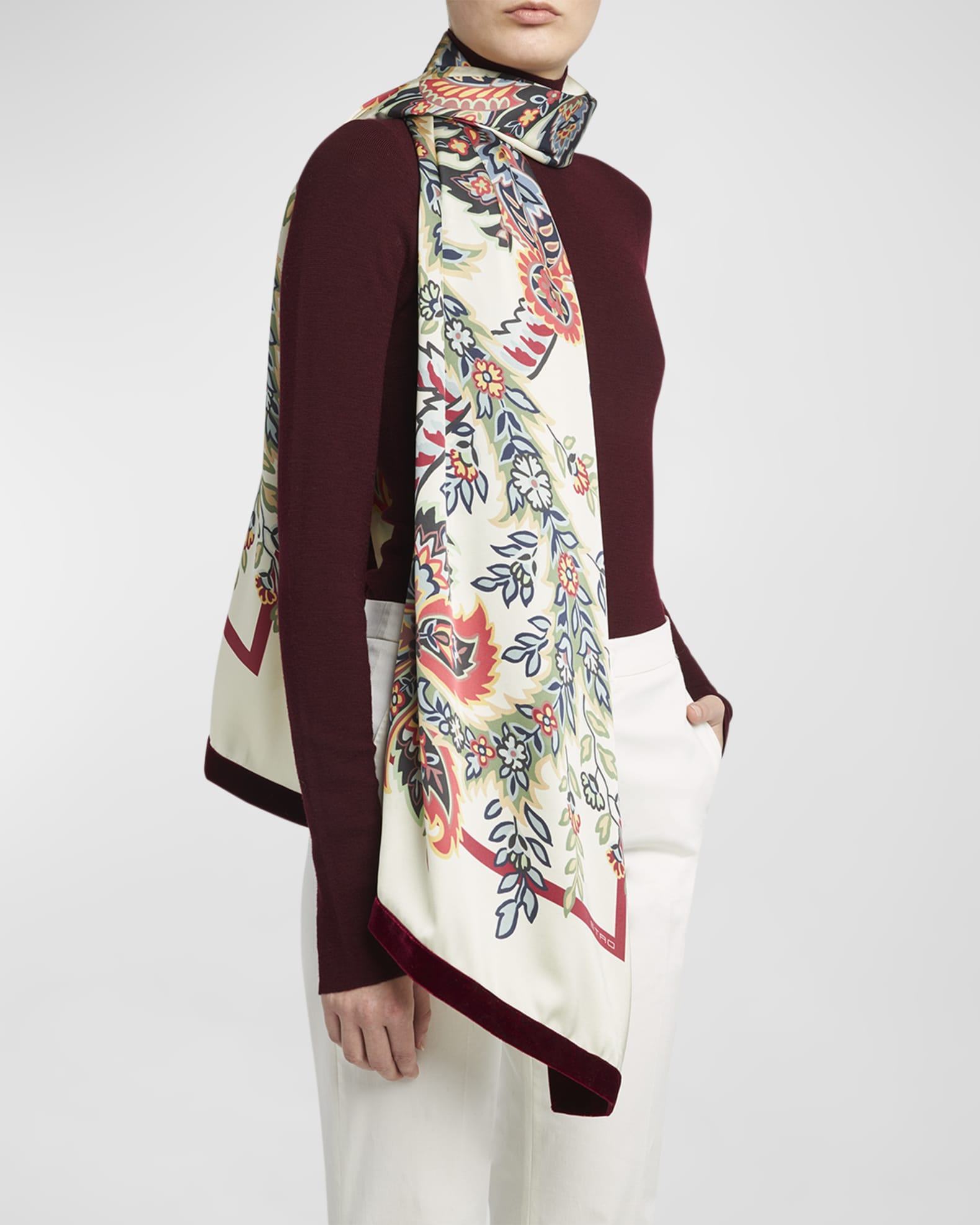 Bohemian Print Scarf With Velvet Trim  1