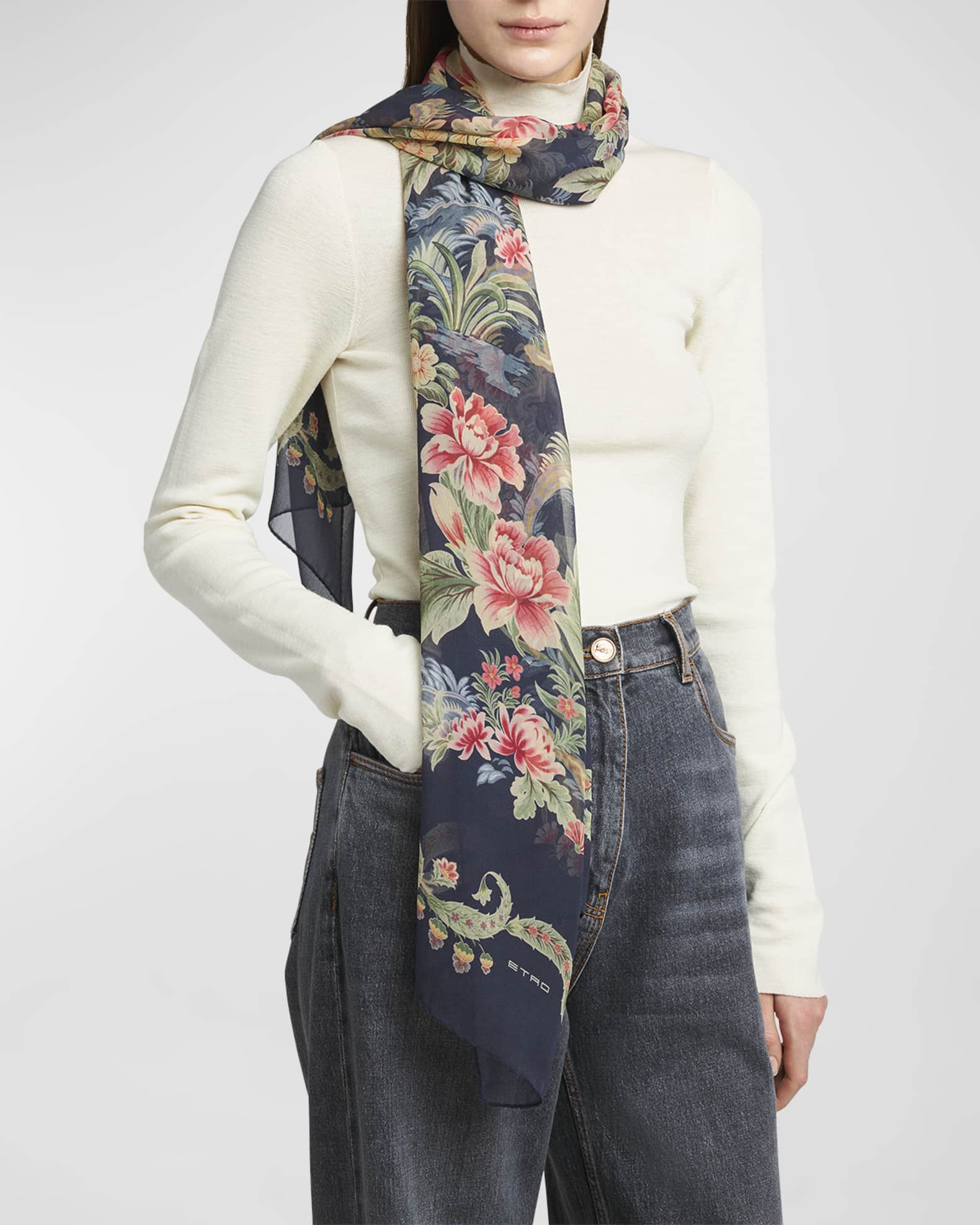 Sheer Floral Print Silk Scarf  1