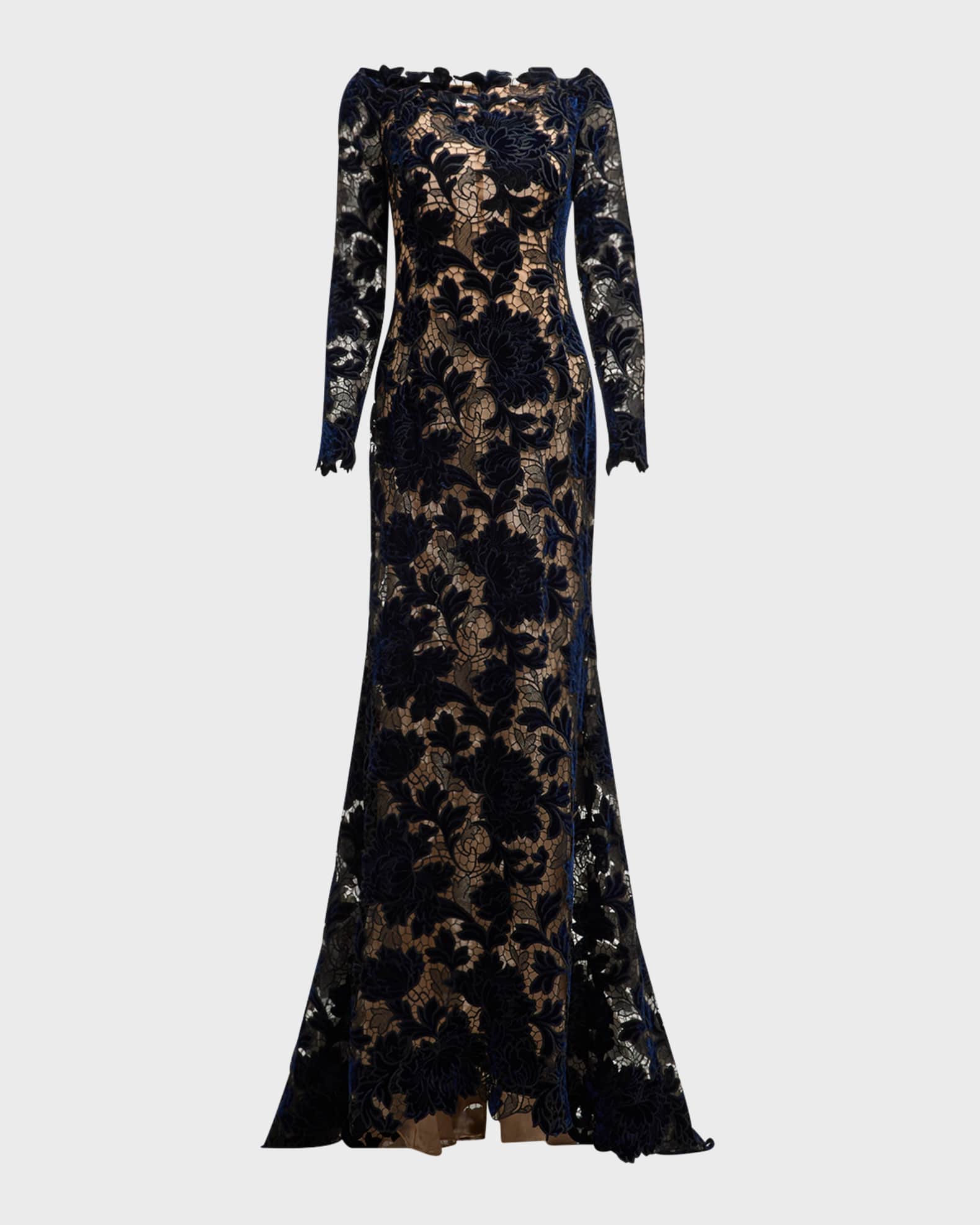 Oscar de la Renta Off-Shoulder Peony Velvet Guipure Lace Gown