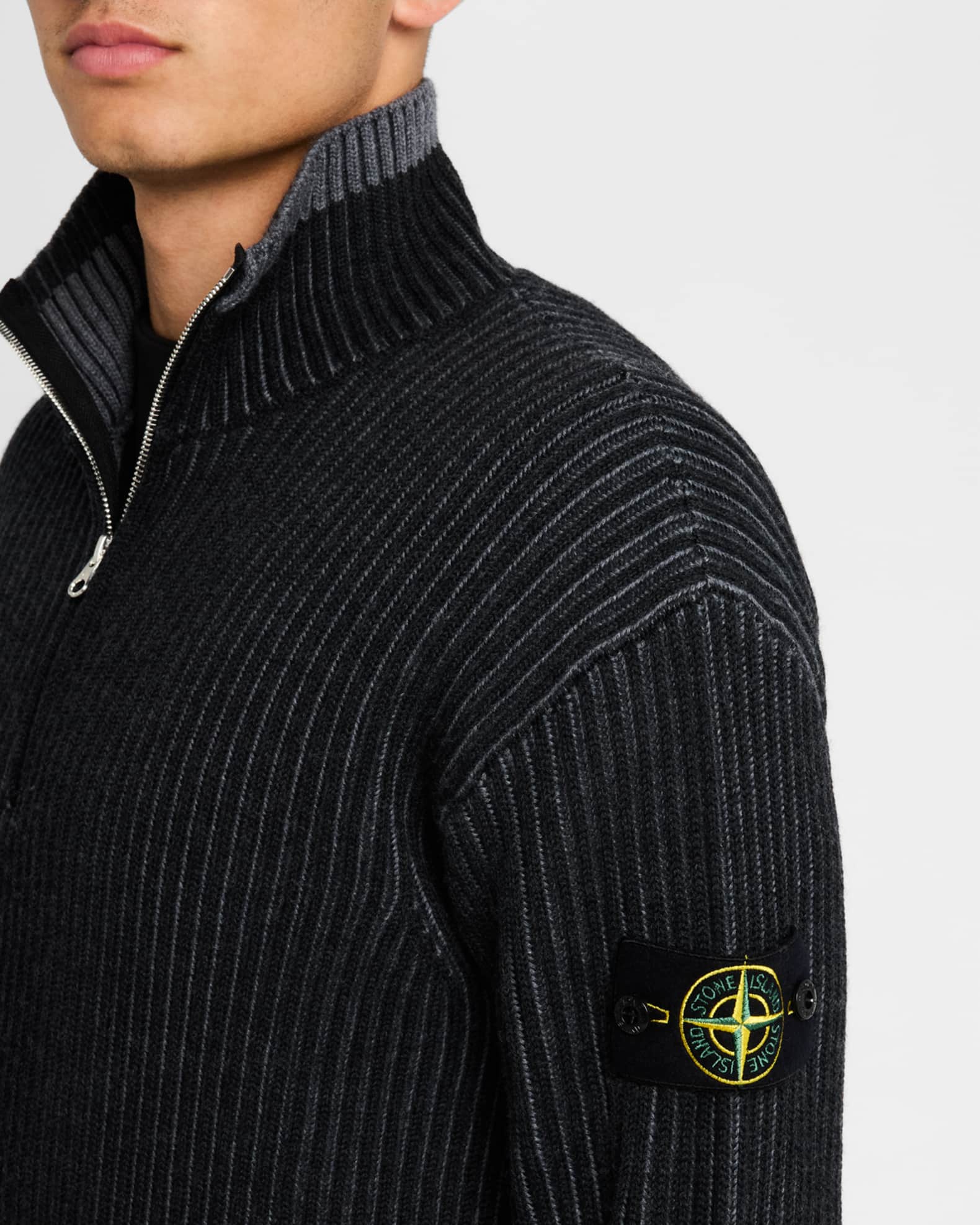 Stone Island Men's Quarter-Zip Ribbed Sweater | Neiman Marcus Stone Island Men's Quarter-Zip Ribbed Sweater | Neiman Marcus