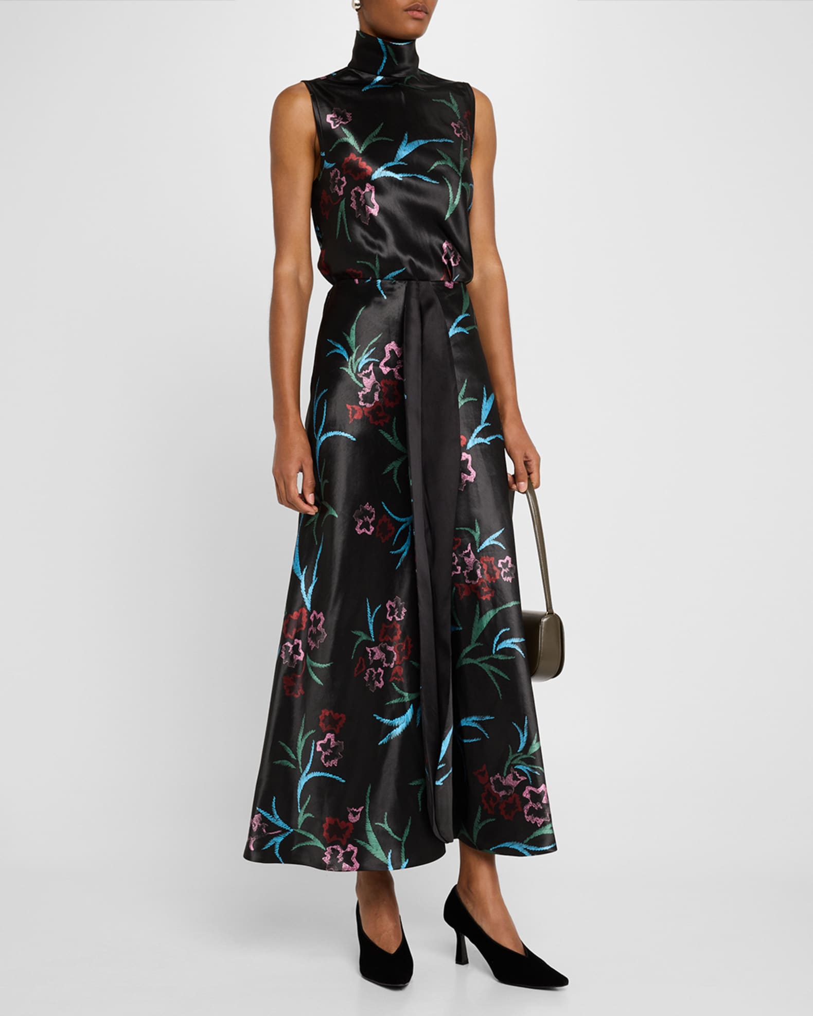 Floral Printed Maxi Silk Skirt with Pleated Center Panel 1
