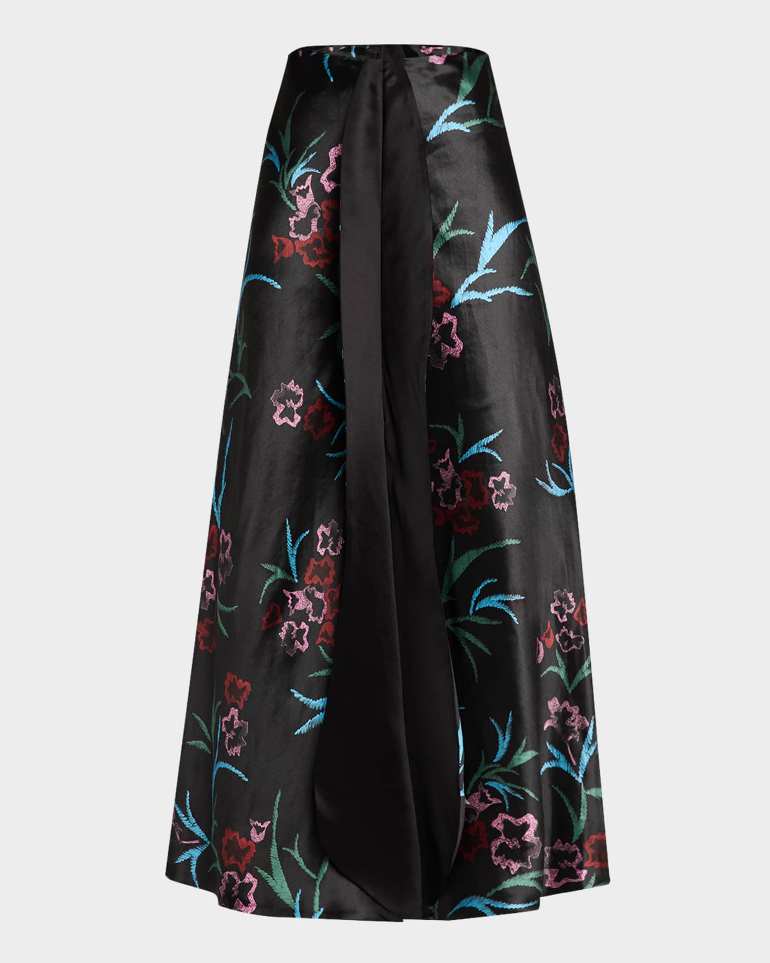 Floral Printed Maxi Silk Skirt with Pleated Center Panel 0