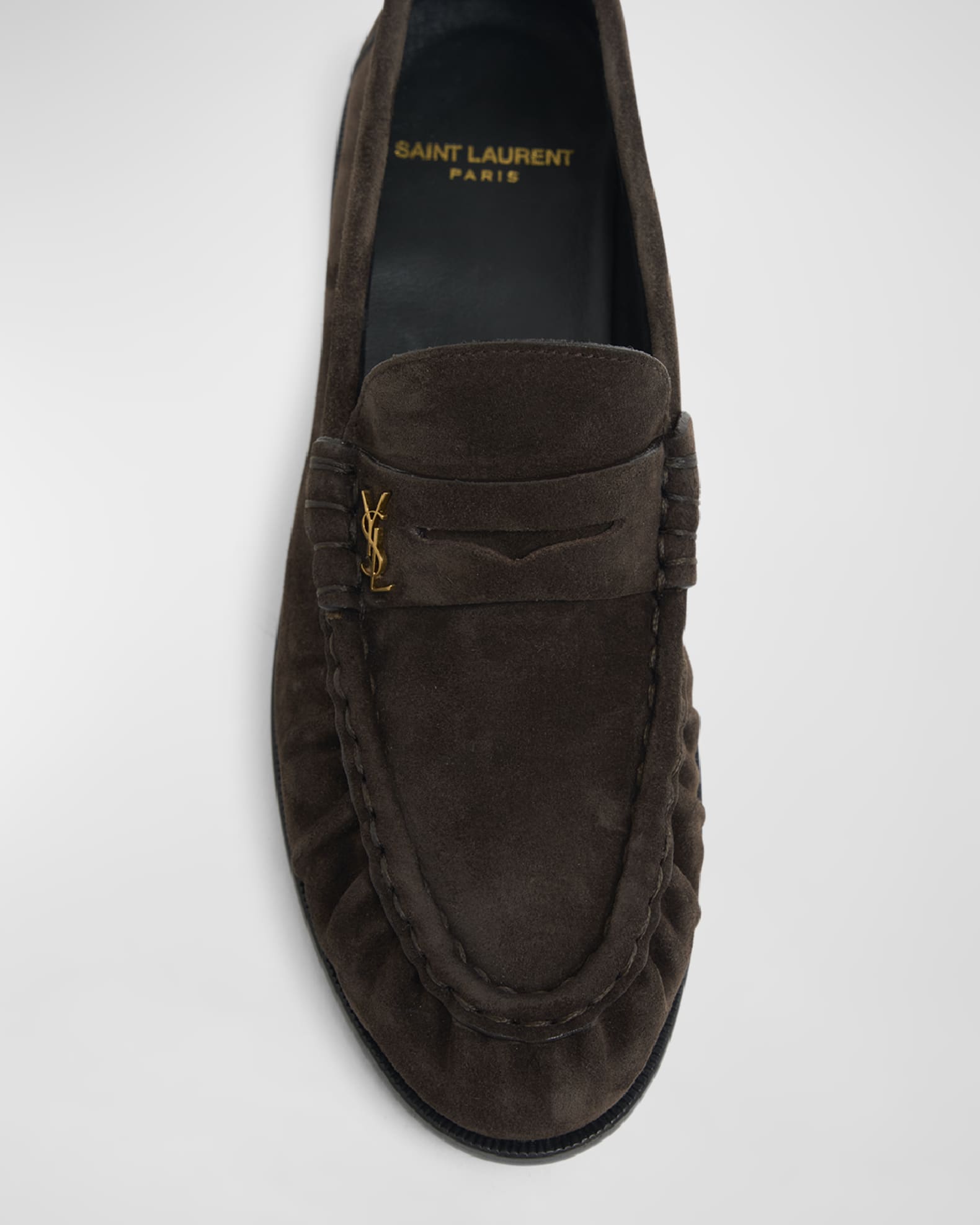 Saint Laurent Suede YSL Penny Loafers | Neiman Marcus