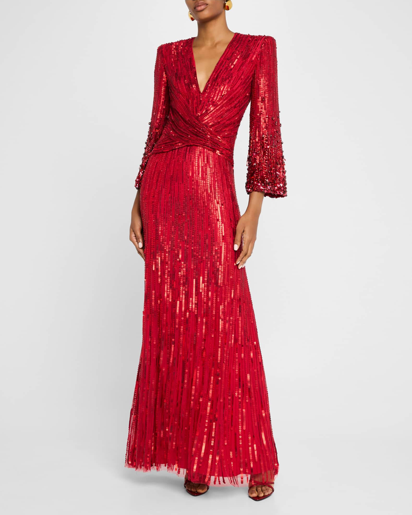 Jenny Packham Cosmos Tonal Sequined Crystal V Neck Gown Neiman Marcus