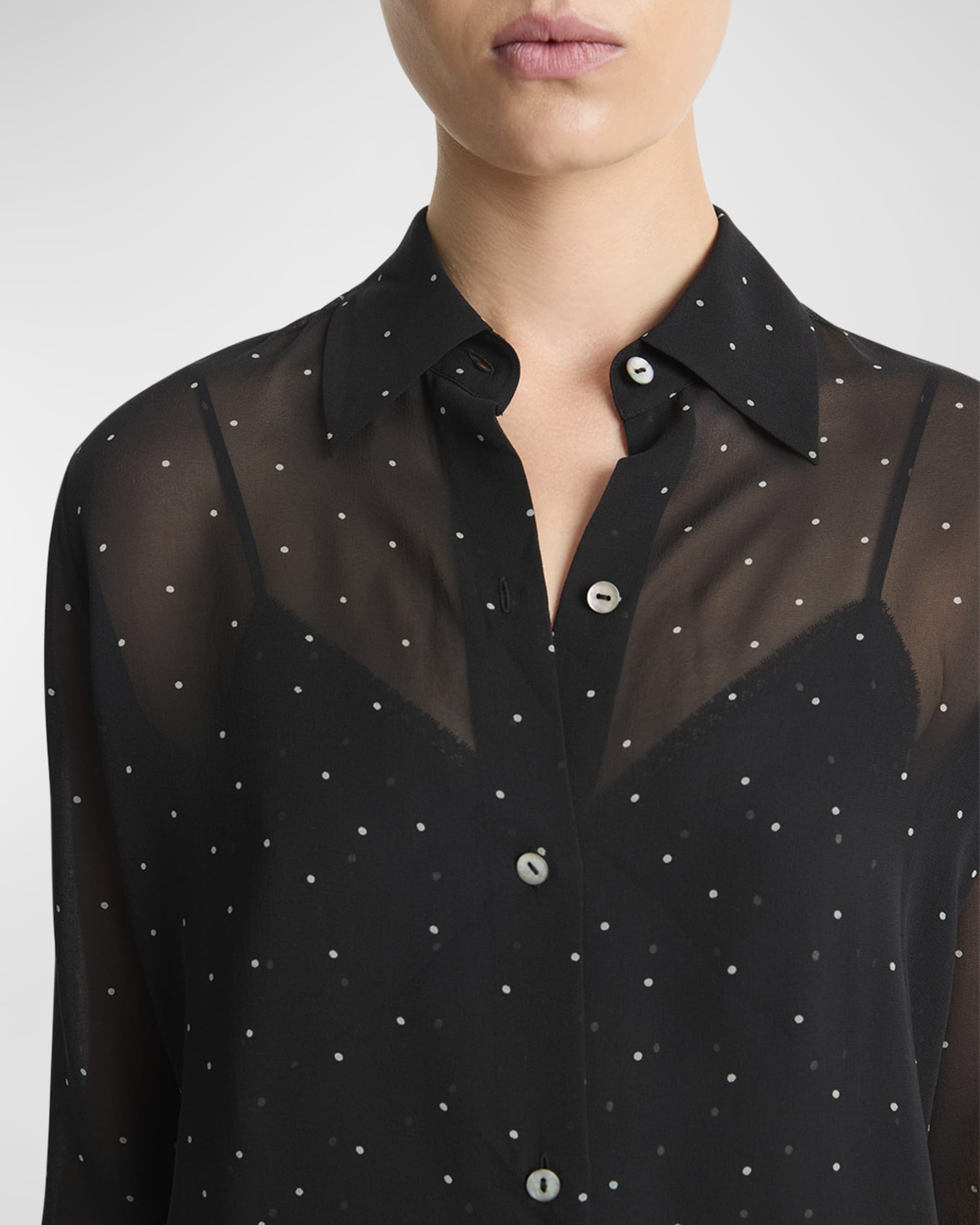 Vince Sheer Dot Blouse with Lace Trim Cami Neiman Marcus