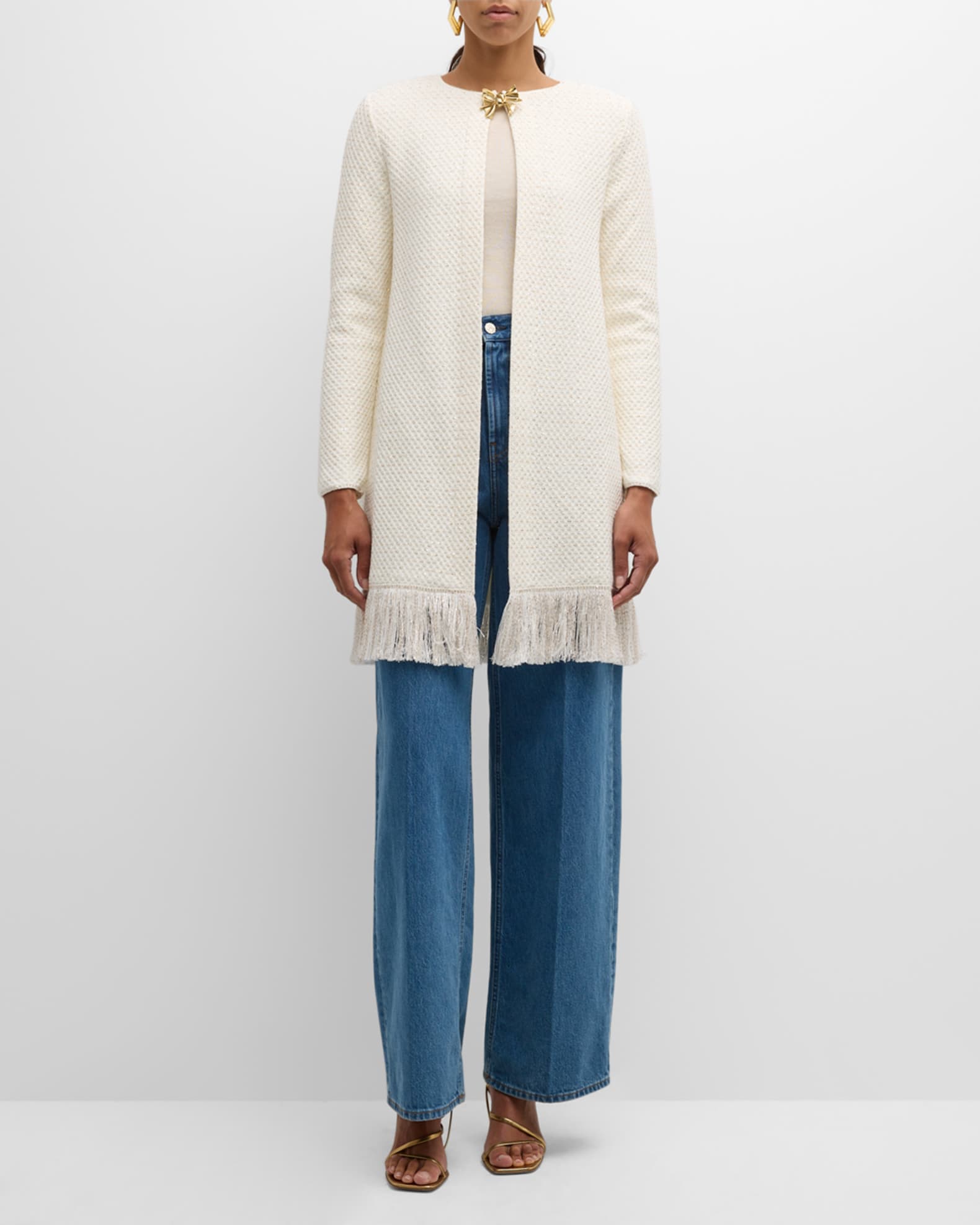 Sequined Tweed Jewel-Neck Coat
