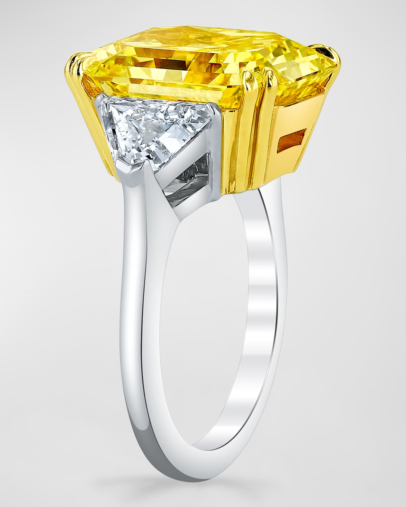 Platinum and 18K Yellow Gold Radiant Cut Yellow Diamond Ring with White Diamond and Shield Sides, Size 6.5, 24.64tcw 1