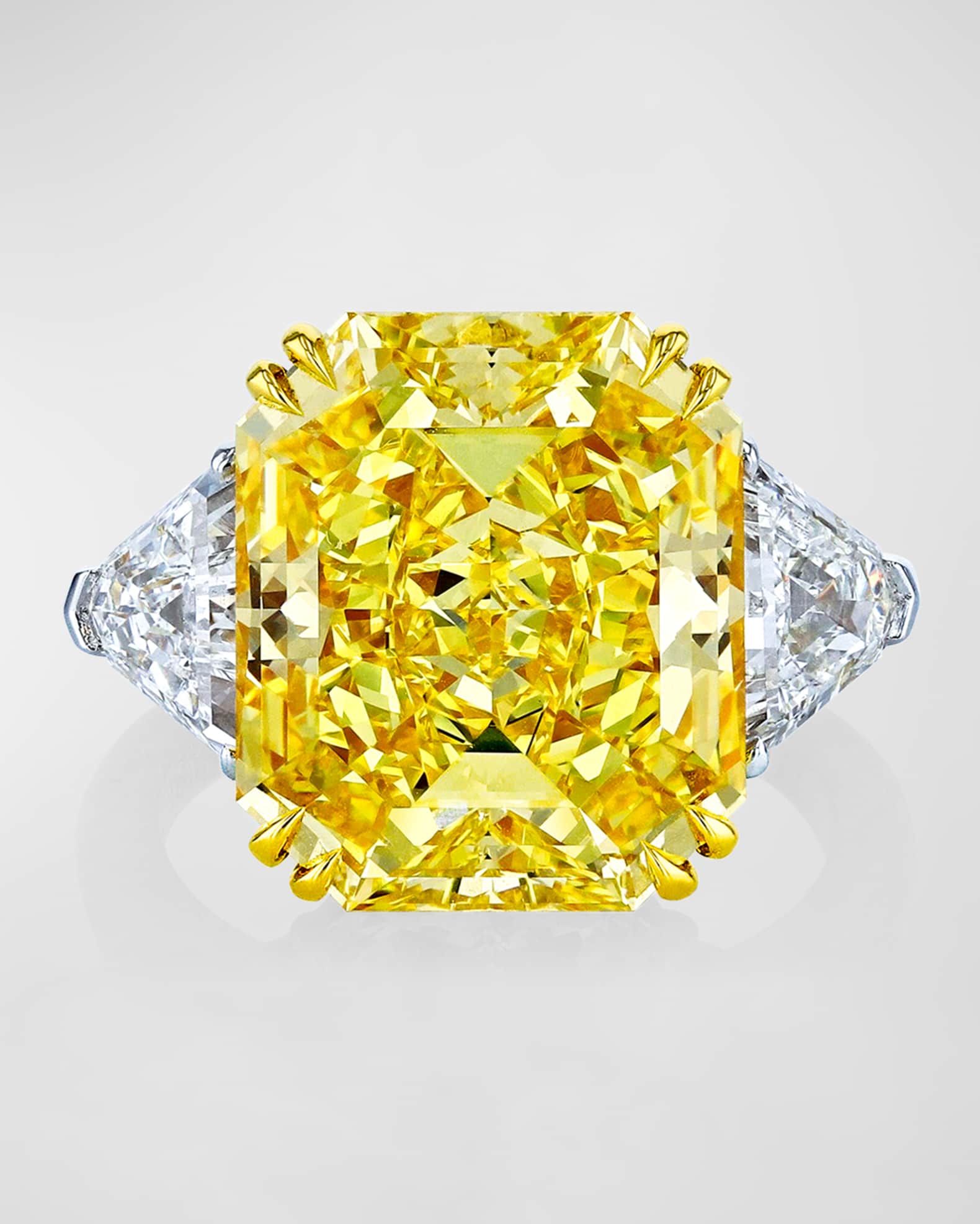 Platinum and 18K Yellow Gold Radiant Cut Yellow Diamond Ring with White Diamond and Shield Sides, Size 6.5, 24.64tcw 0