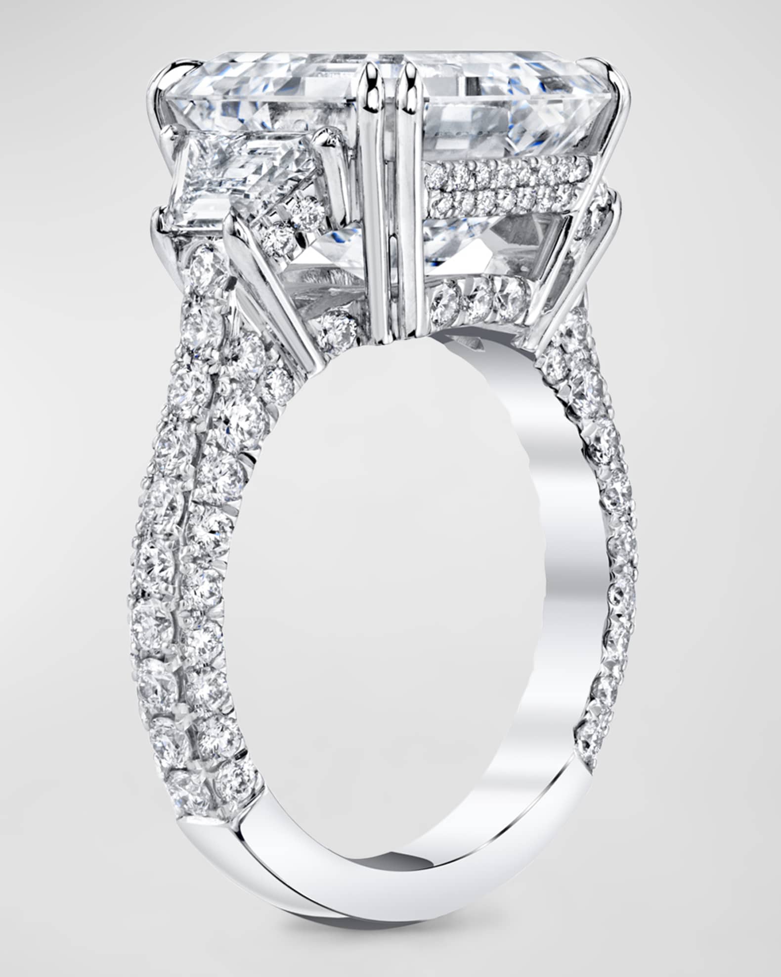 Platinum 3 Stone Ring with Asscher Cut Diamond, Trapezoid Sides and 4 Sided Diamond Micro Infinity Pave, Size 6.5, 20.22tcw 1