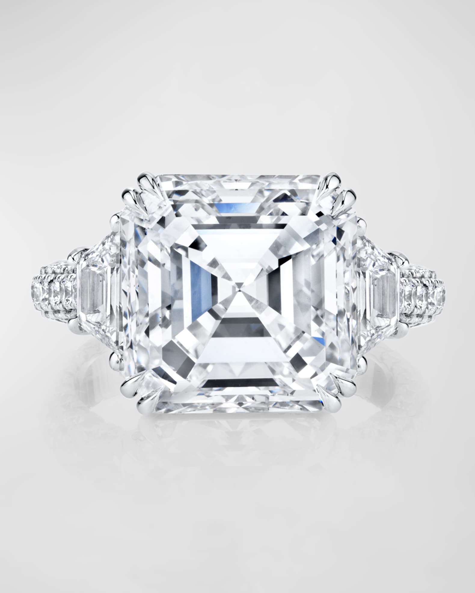 Platinum 3 Stone Ring with Asscher Cut Diamond, Trapezoid Sides and 4 Sided Diamond Micro Infinity Pave, Size 6.5, 20.22tcw 0