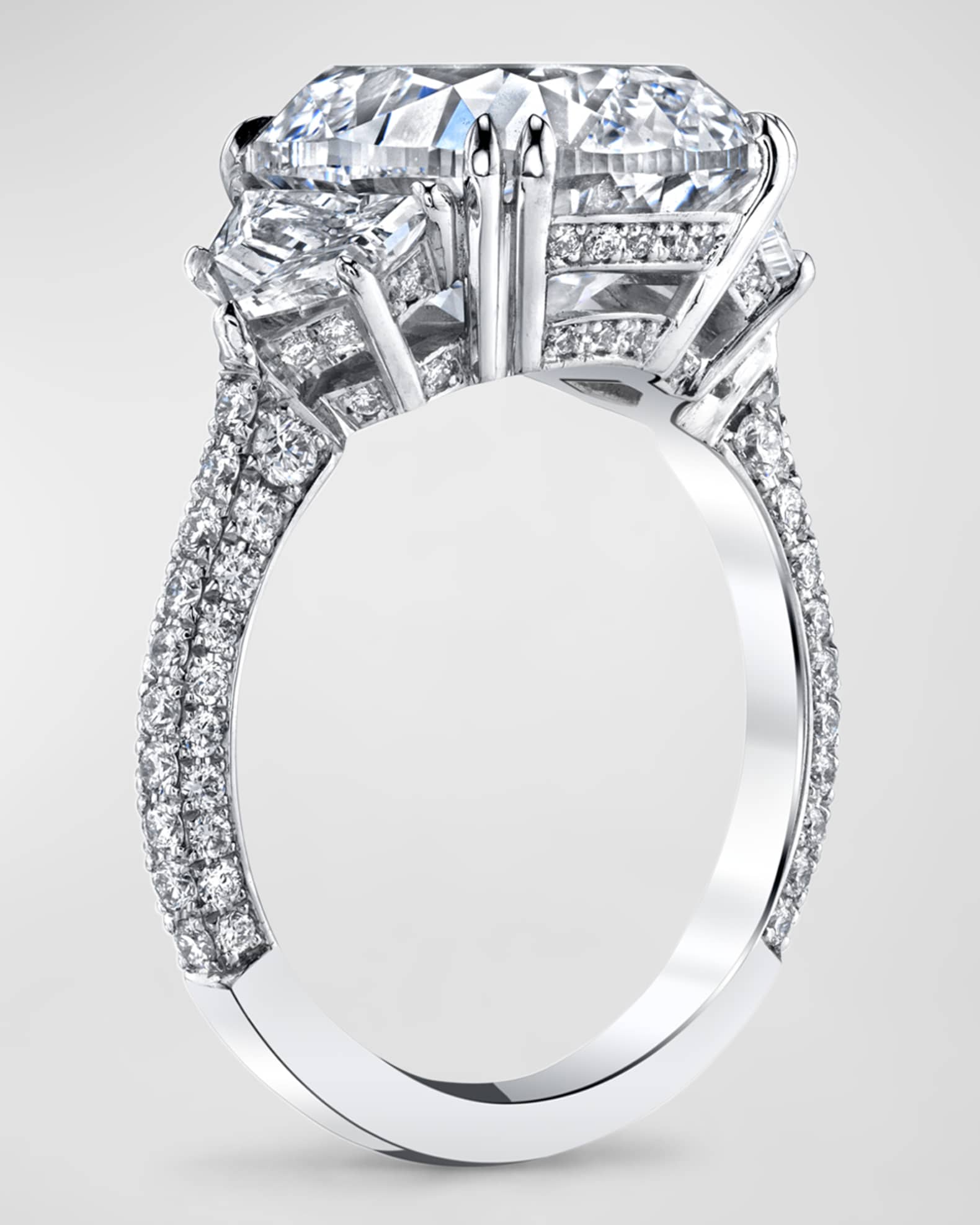 Platinum 3 Stone Ring with Large Cushion Cut Diamond, Trapezoid Sides, 3 Row Micro Pave Shank and Diamond Basket, Size 6.5, 14.06tcw 1