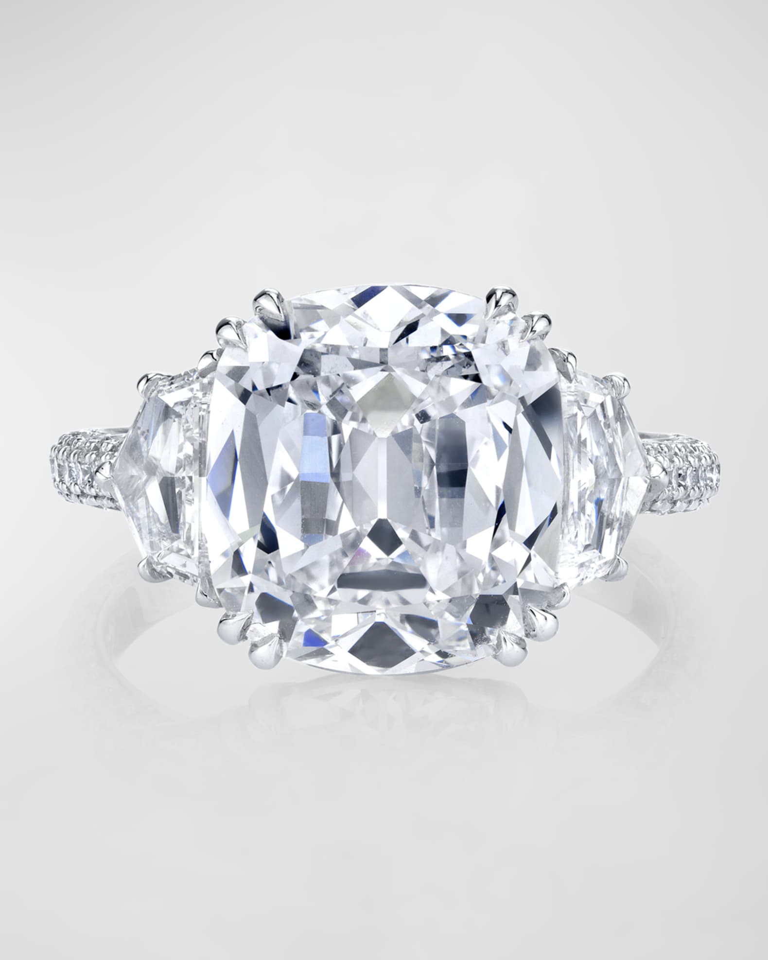 Platinum 3 Stone Ring with Large Cushion Cut Diamond, Trapezoid Sides, 3 Row Micro Pave Shank and Diamond Basket, Size 6.5, 14.06tcw 0