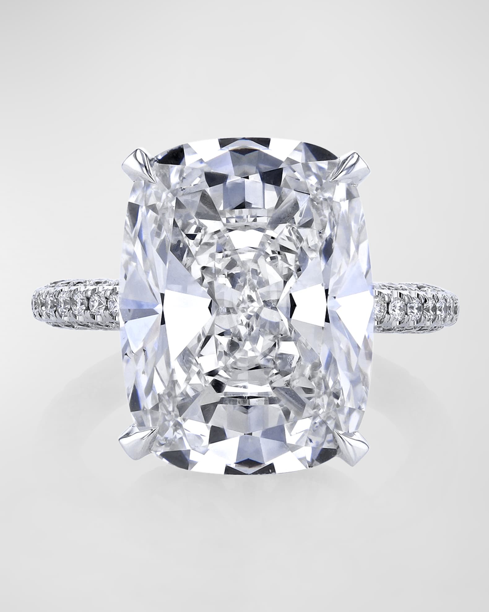 Platinum White Cushion Diamond Ring with 3 Sided  Micro Pave Shank and Basket, Size 6.5, 23.72tcw 0