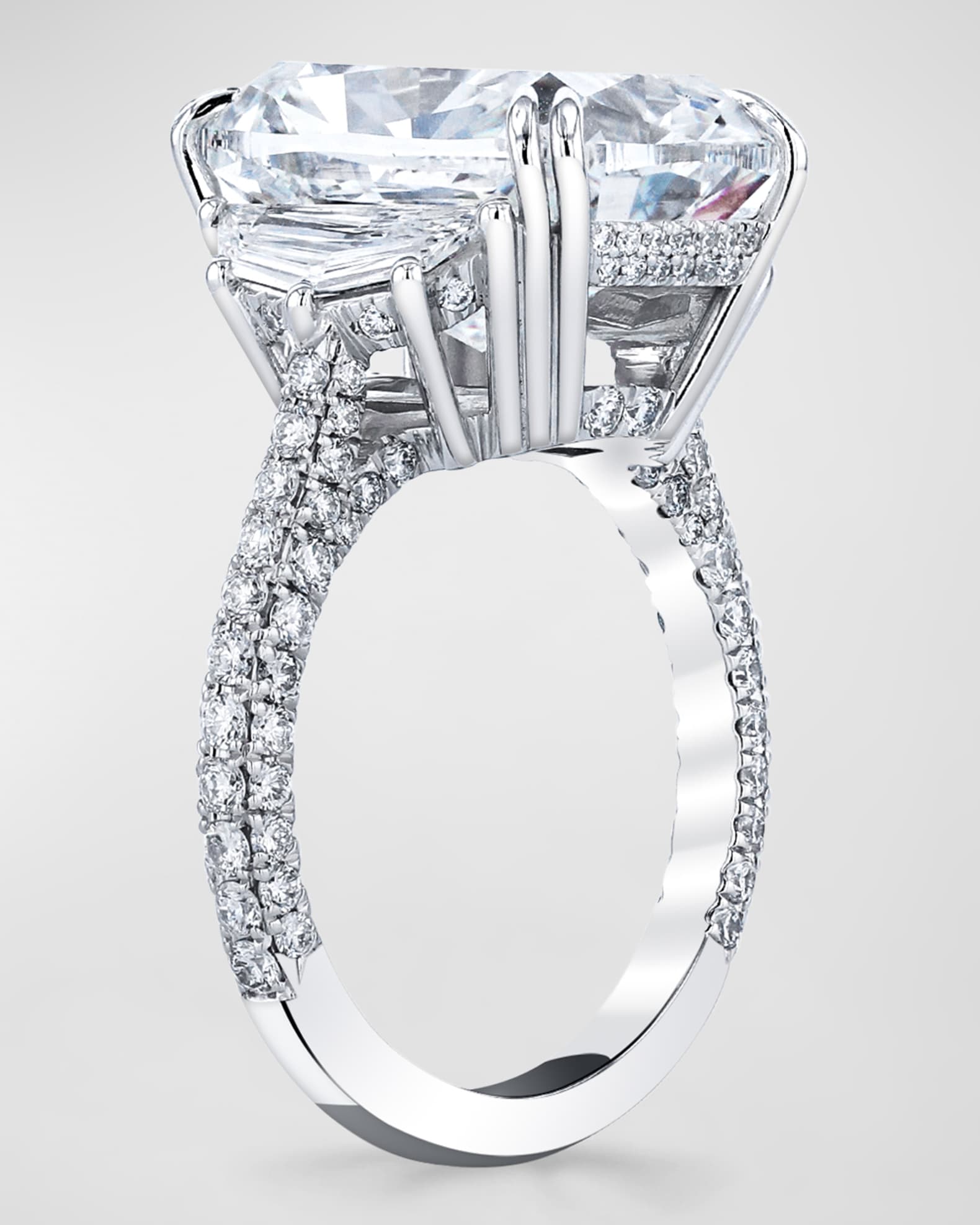 Platinum 3 Stone Ring with Diamond Cushion, Diamond Trapezoid Sides and 3 Row Micro Pave Shank, Size 6.5, 11.64tcw 1