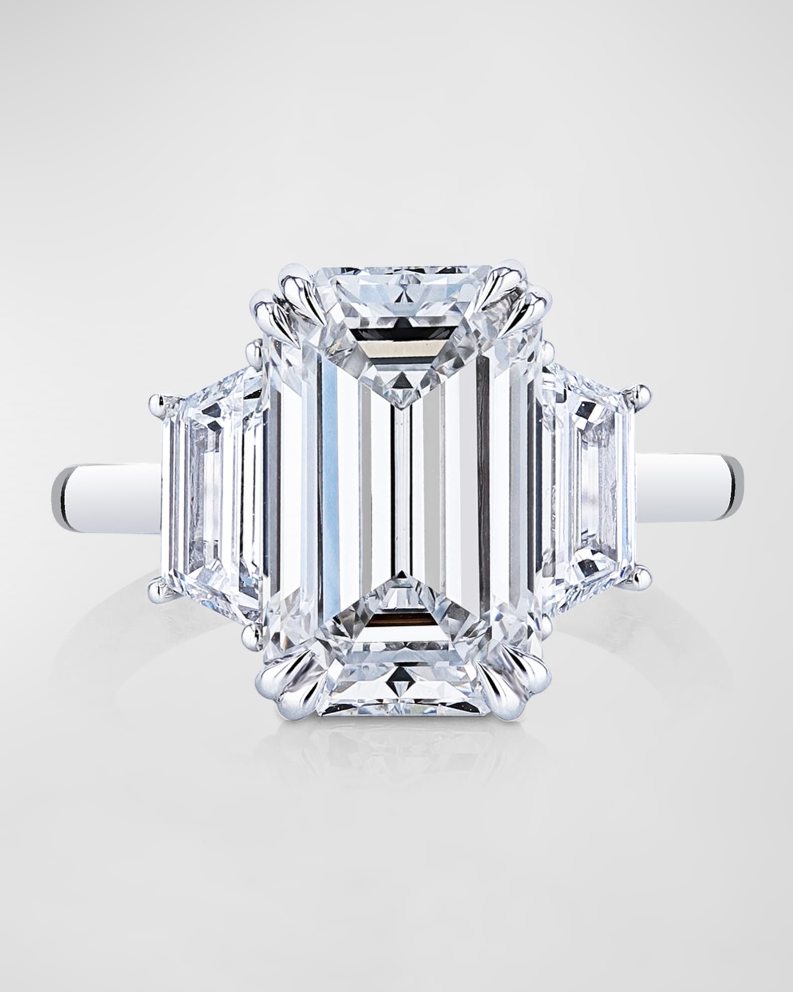 Platinum 3 Stone Ring with White Diamond Emerald Cut Center and White Diamond Trapezoid Cut Sides, Size 6.5, 11.98tcw 0
