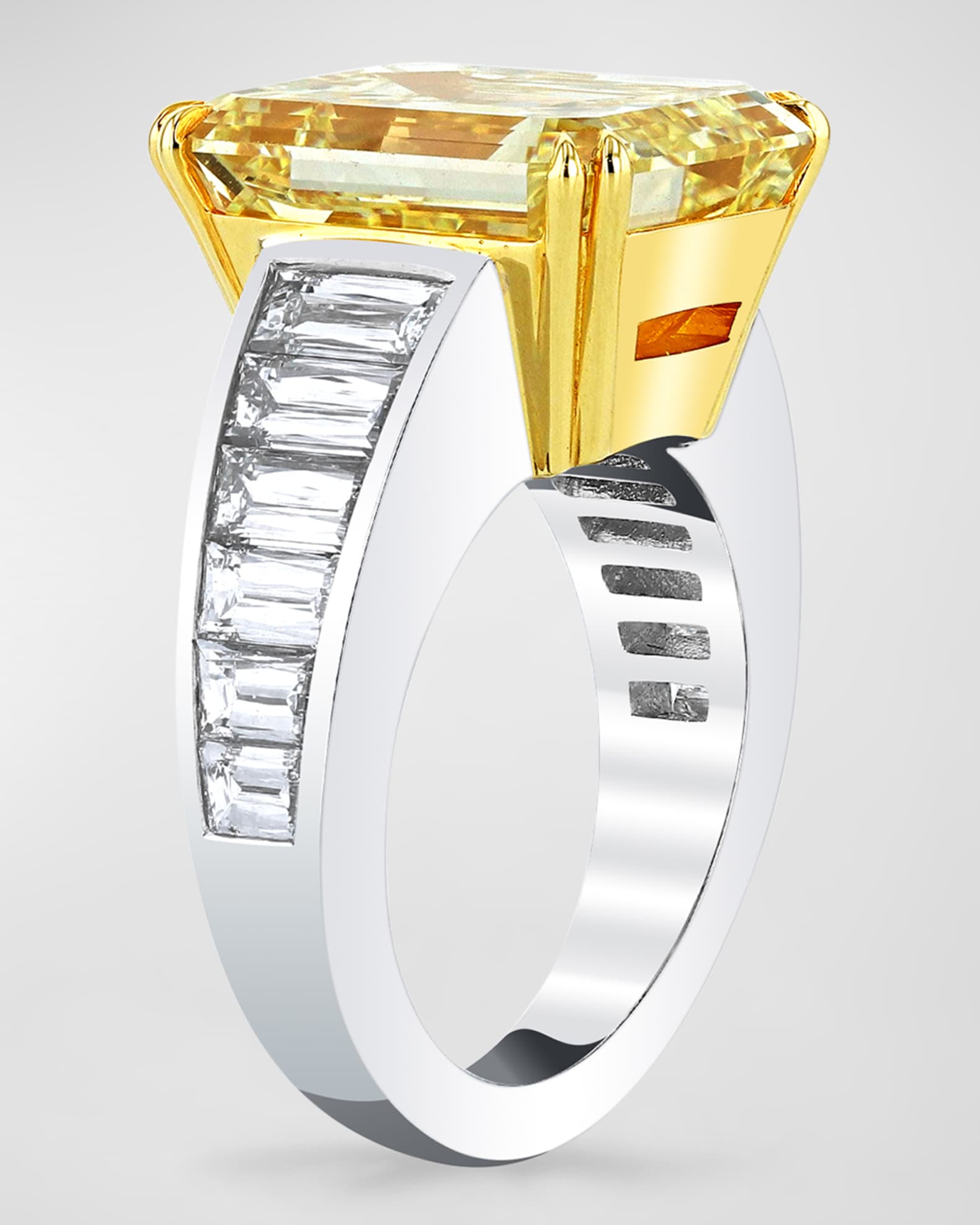 Platinum and 18K Yellow Gold Yellow Emerald Cut Diamond Ring with White Diamond Trapezoid Channel Sides, Size 6.5, 30.64tcw 1