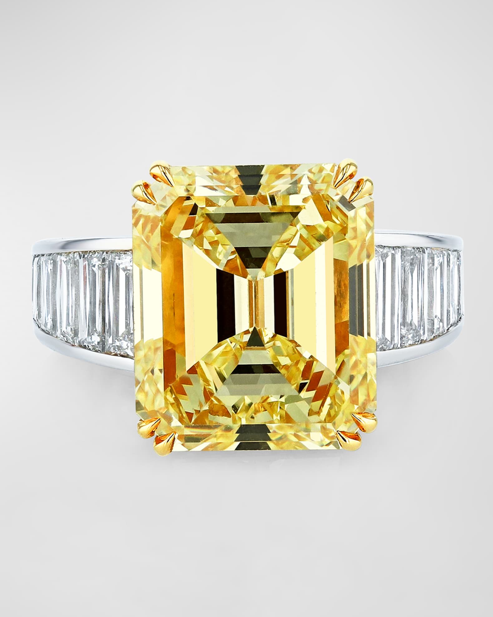 Platinum and 18K Yellow Gold Yellow Emerald Cut Diamond Ring with White Diamond Trapezoid Channel Sides, Size 6.5, 30.64tcw 0