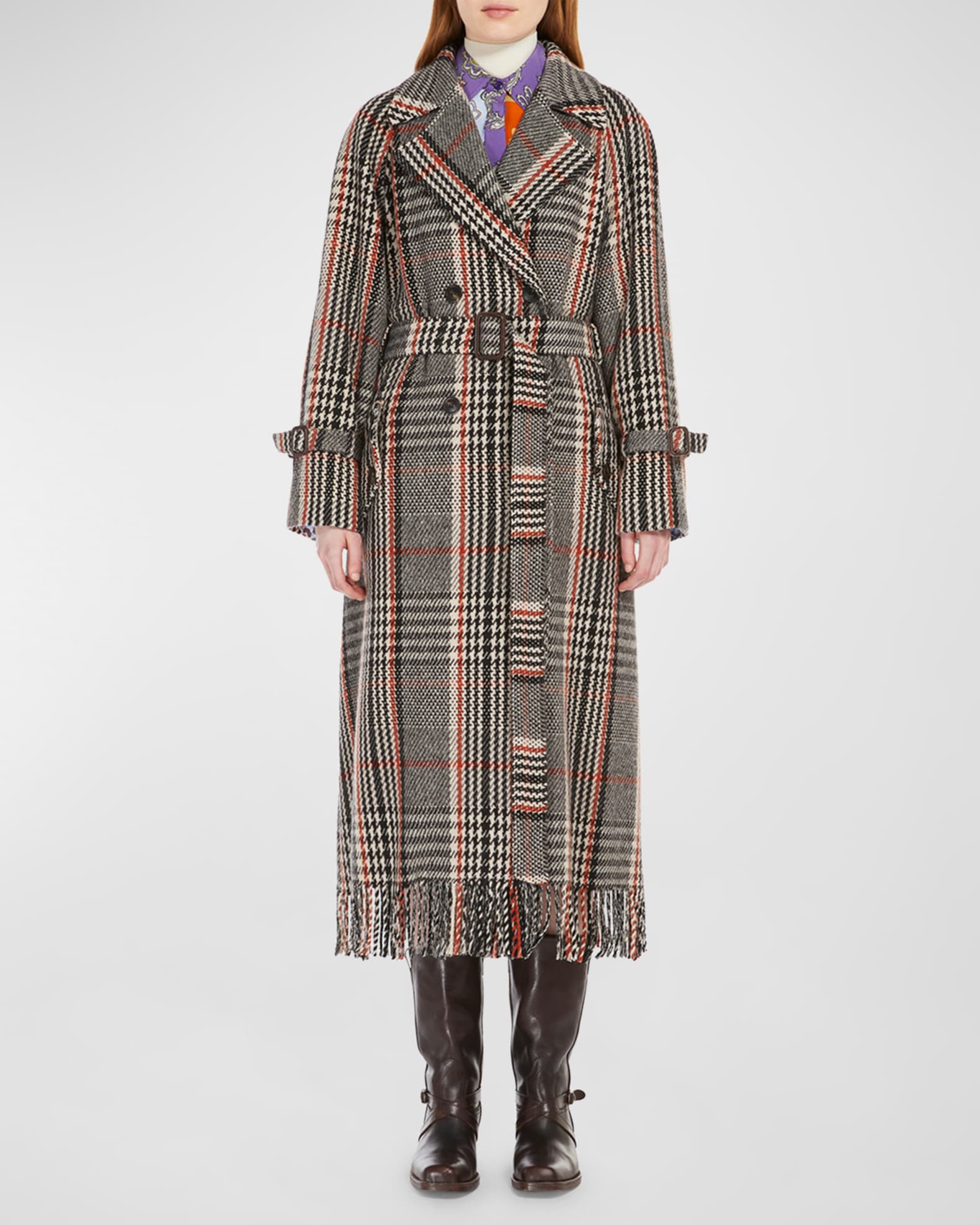 Gommoso Belted Plaid Fringe Trim Coat