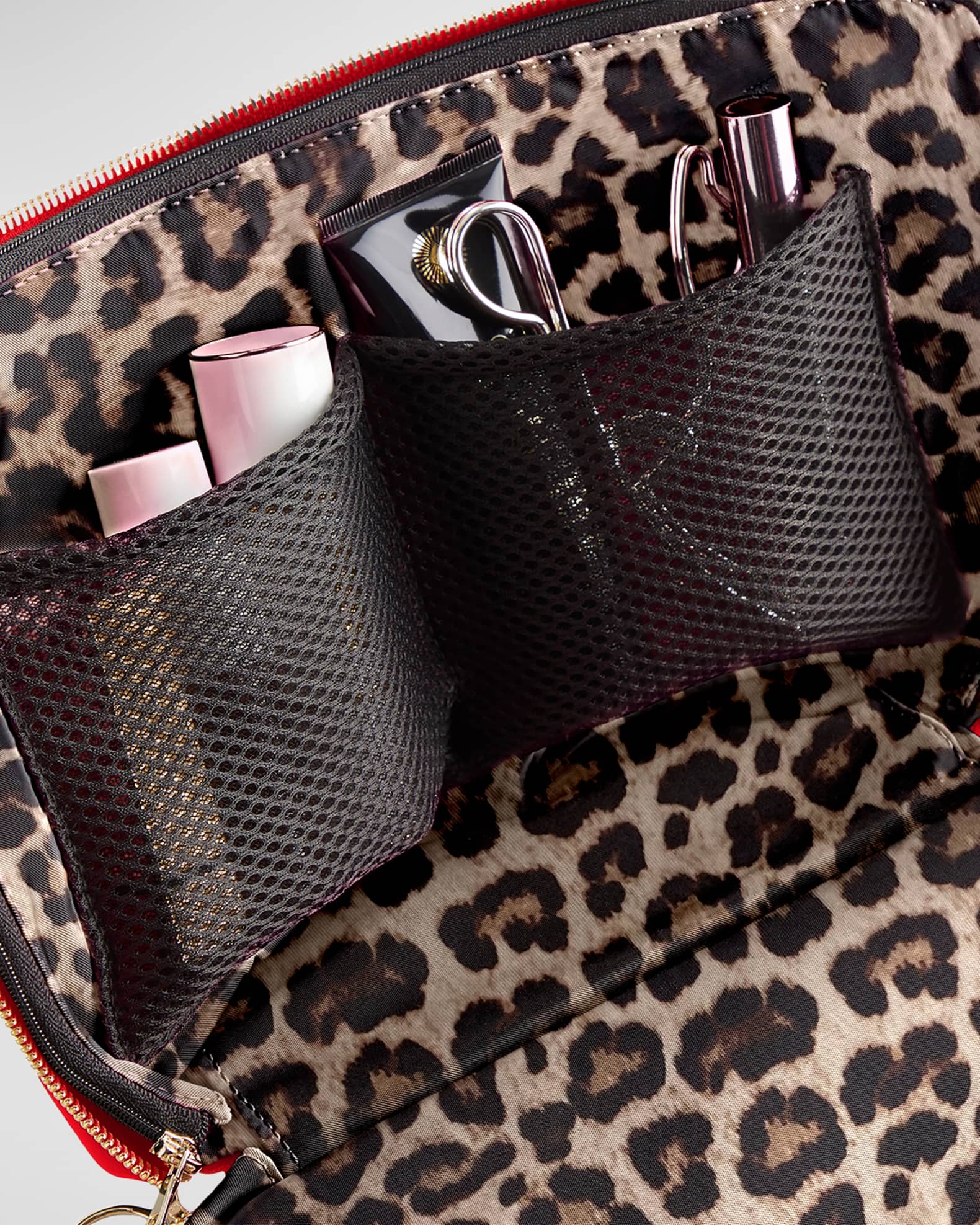 KUSSHI Vacationer Leather Makeup Bag, Red/Leopard Neiman Marcus