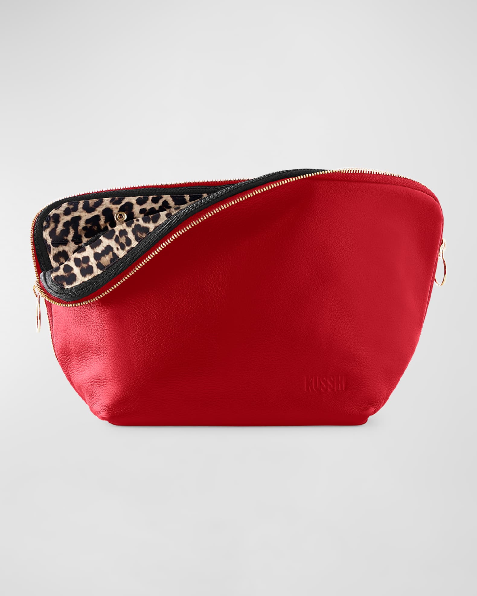 KUSSHI Vacationer Leather Makeup Bag, Red/Leopard Neiman Marcus