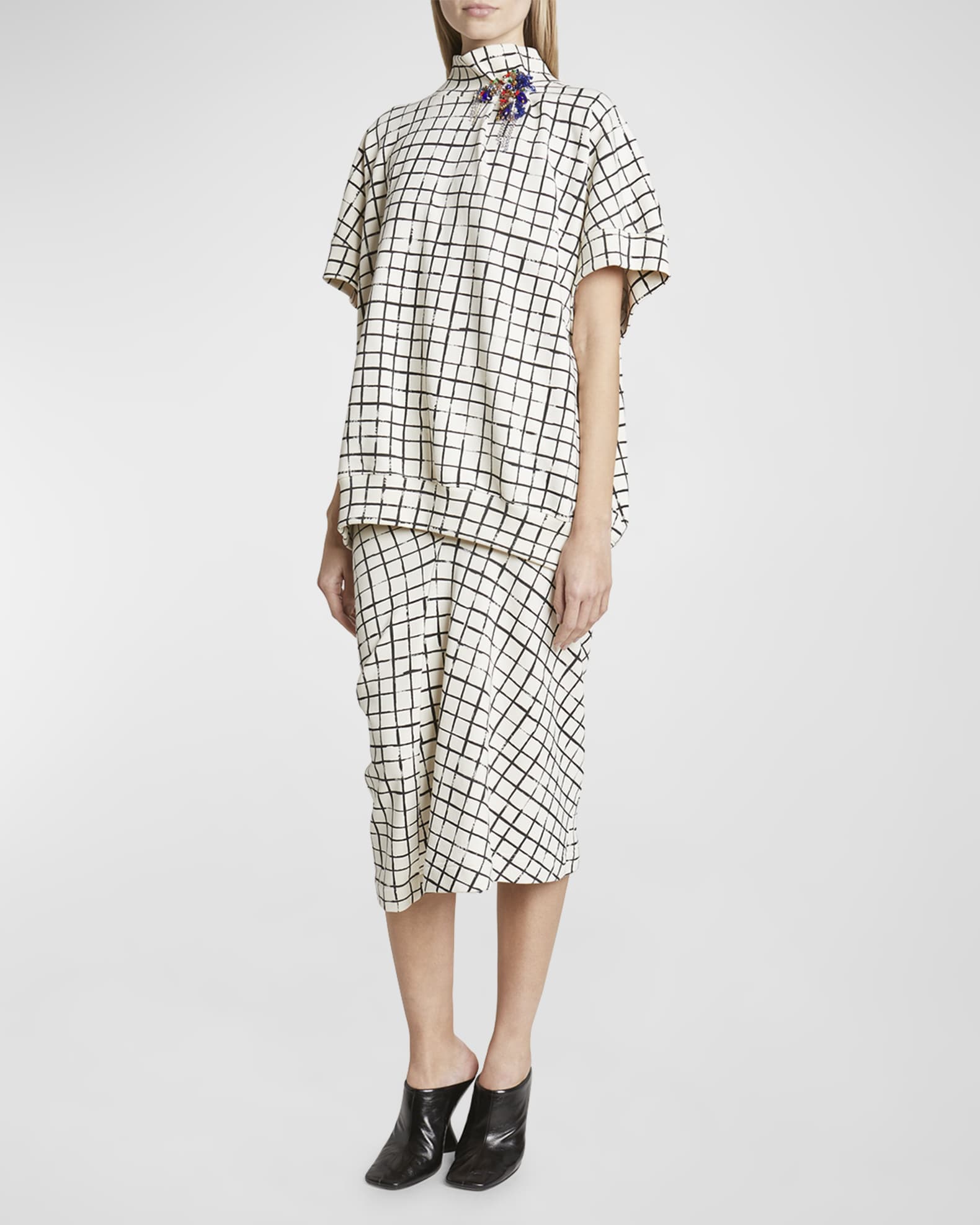 Halovara Grid Print Blouse with Rhinestone Details 1