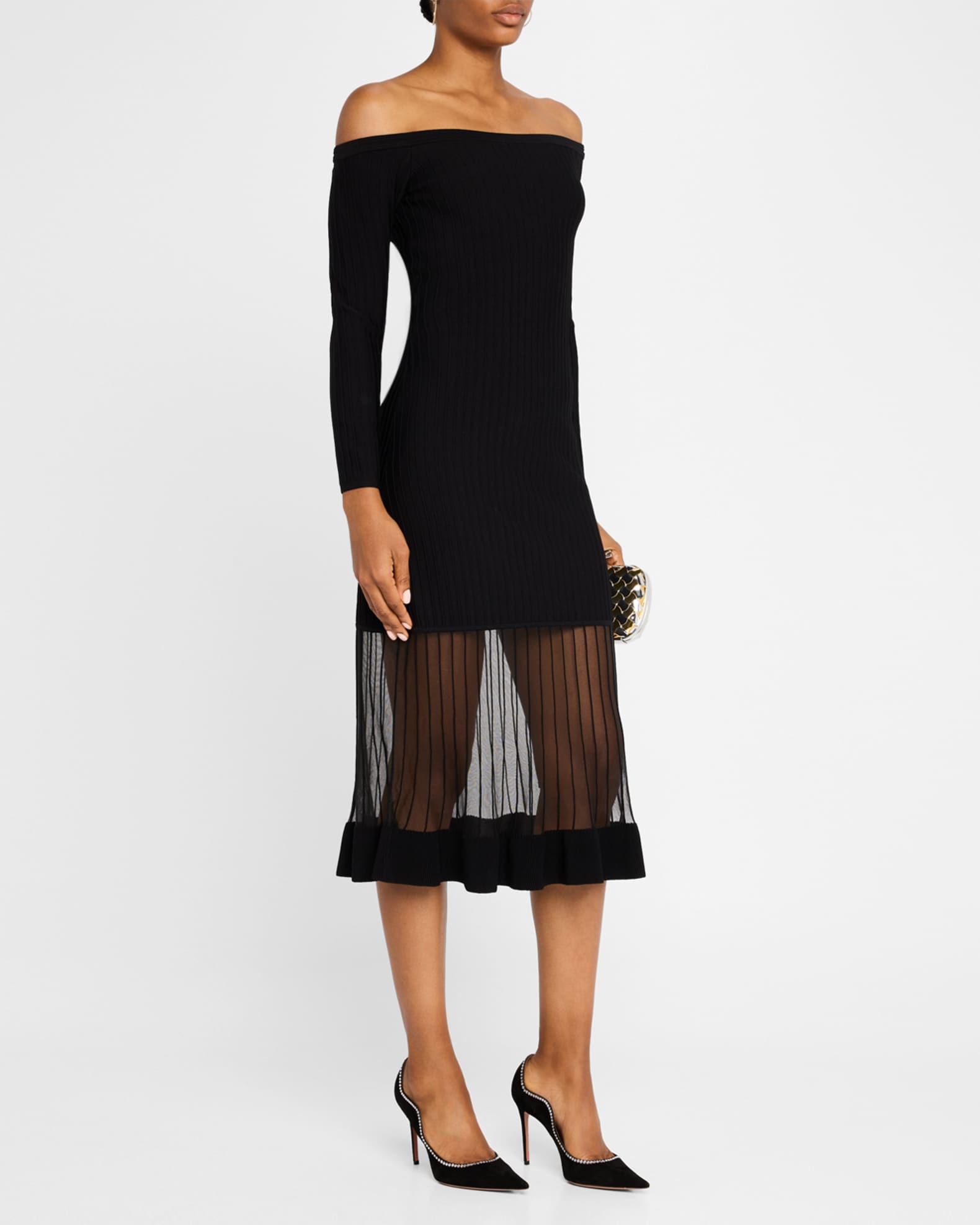 Off Shoulder Sheer Inset Knit Midi Dress