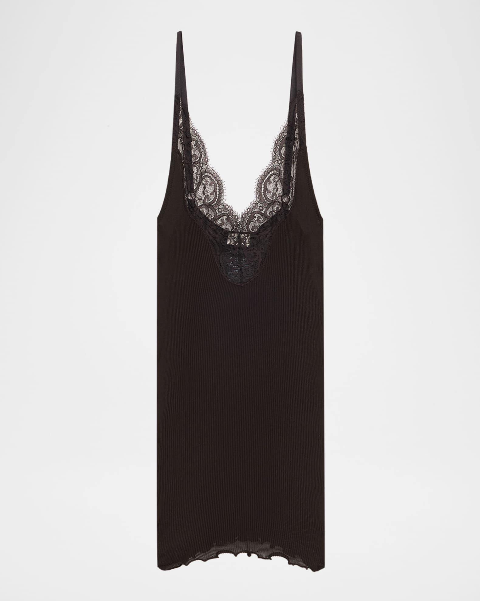SAINT LAURENT ブラック 星刺繍 タンクトップ Saint Laurent Ribbed Knit Tank Top with Lace Detail | Neiman Marcus