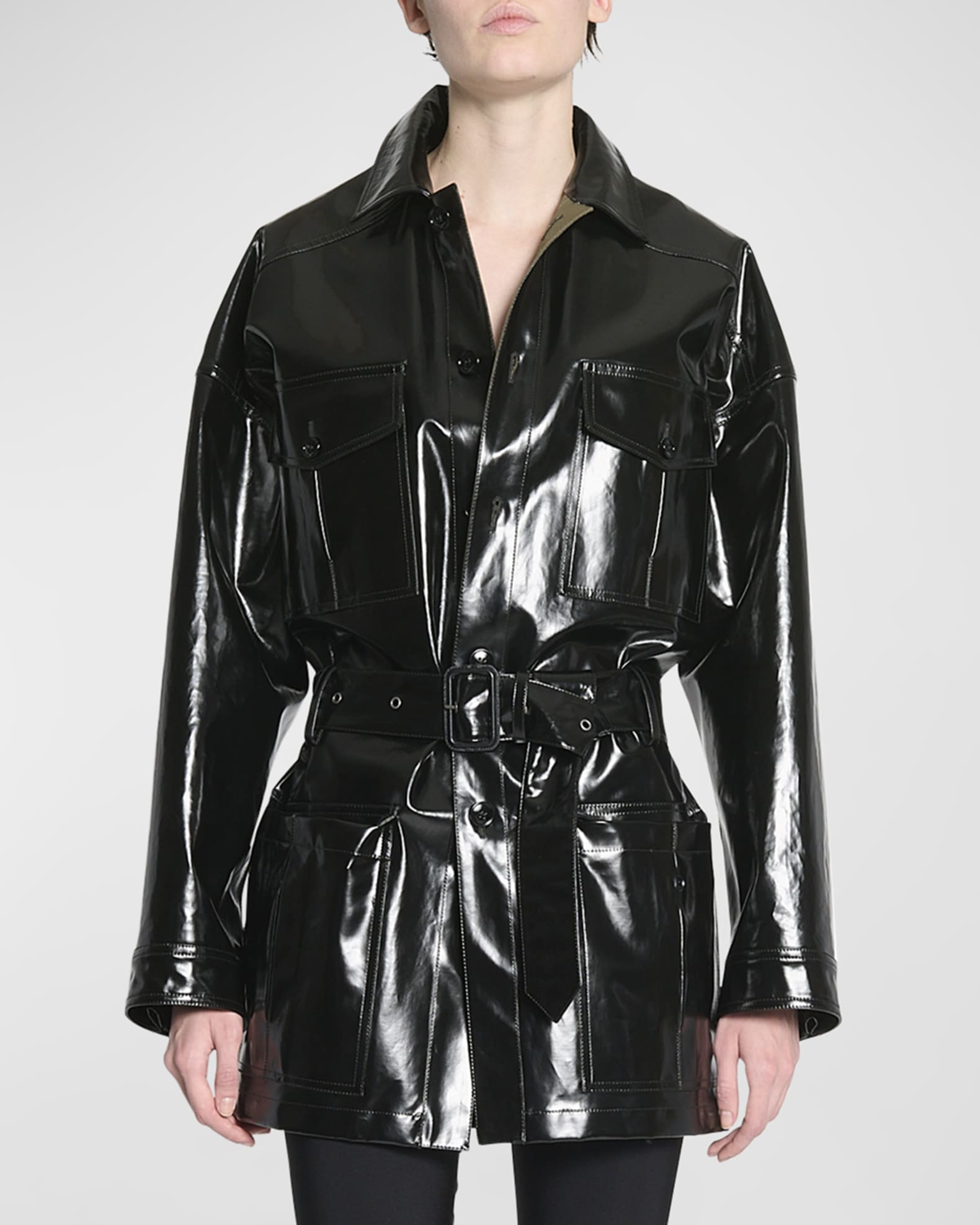 Saint Laurent Vinyl Wrap Coat with Belt Neiman Marcus