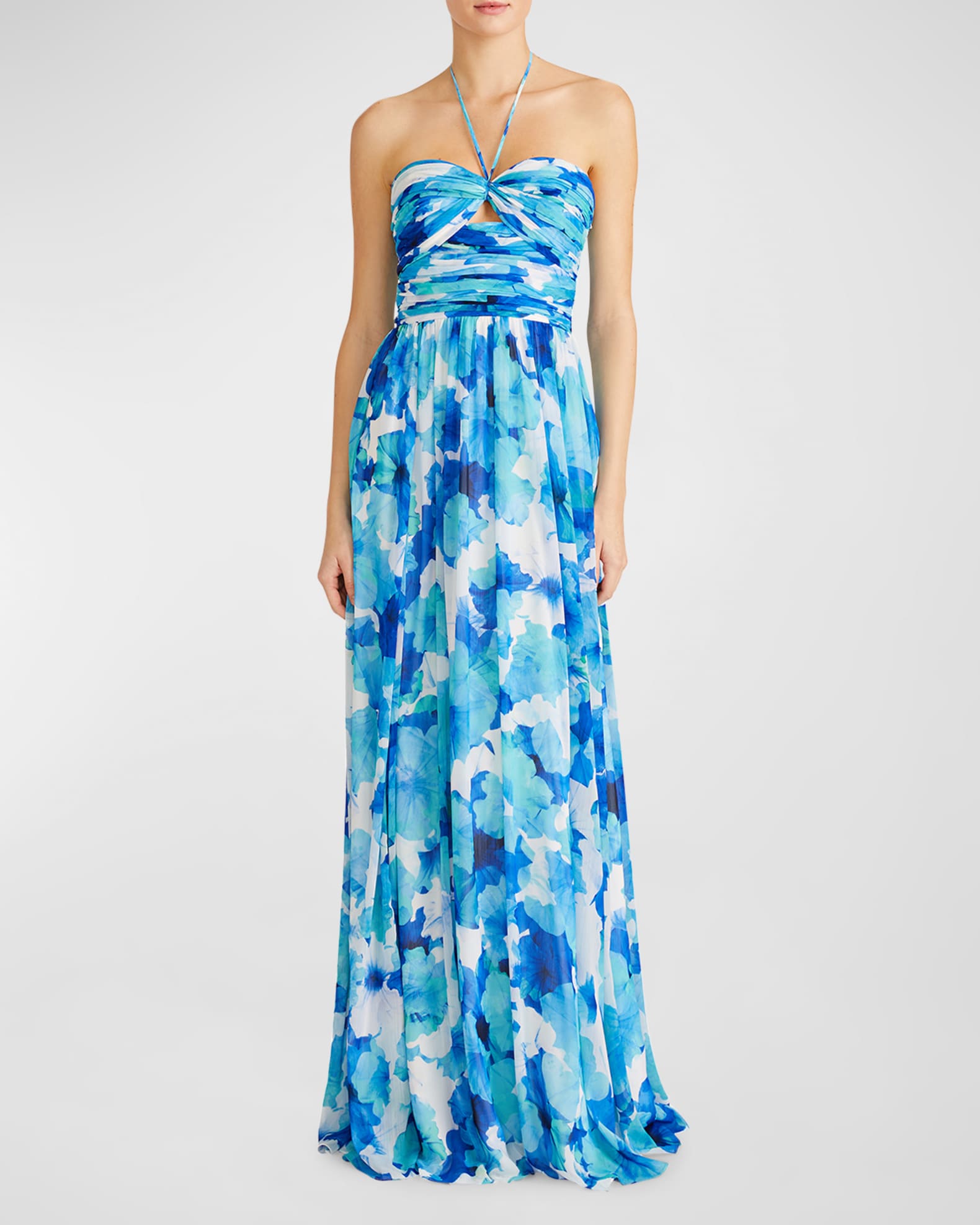 ML Monique Lhuillier Emilia Cutout Floral-Print Halter Gown