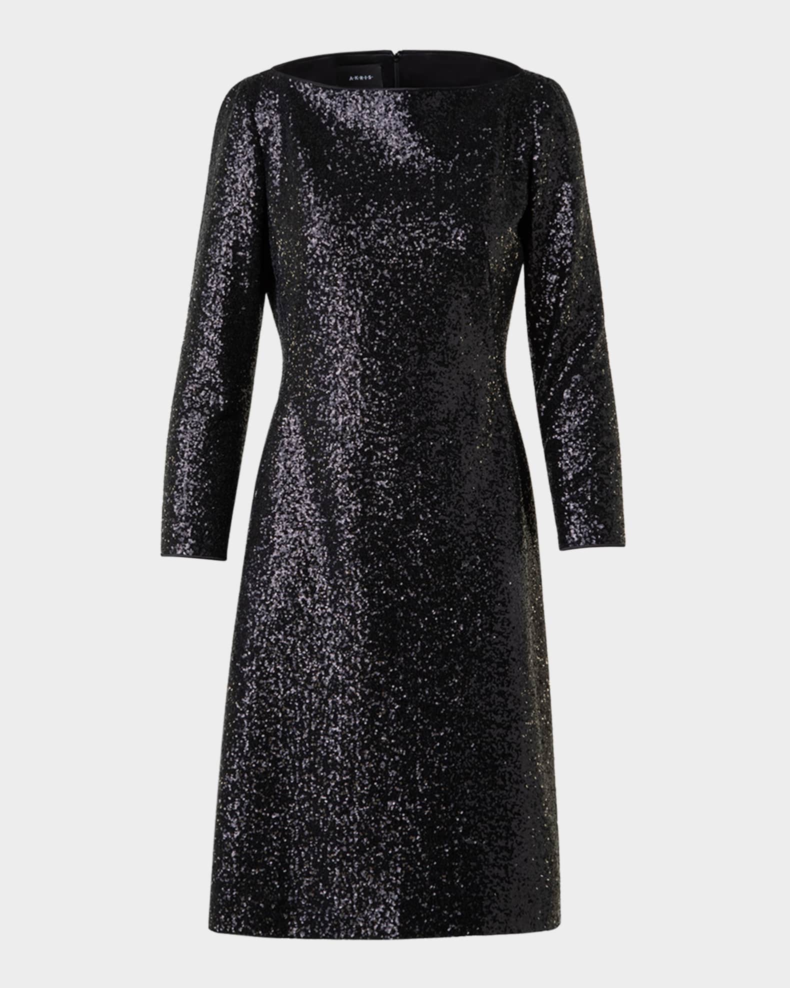 High-Neck Sequin Jersey Long-Sleeve Dress 0