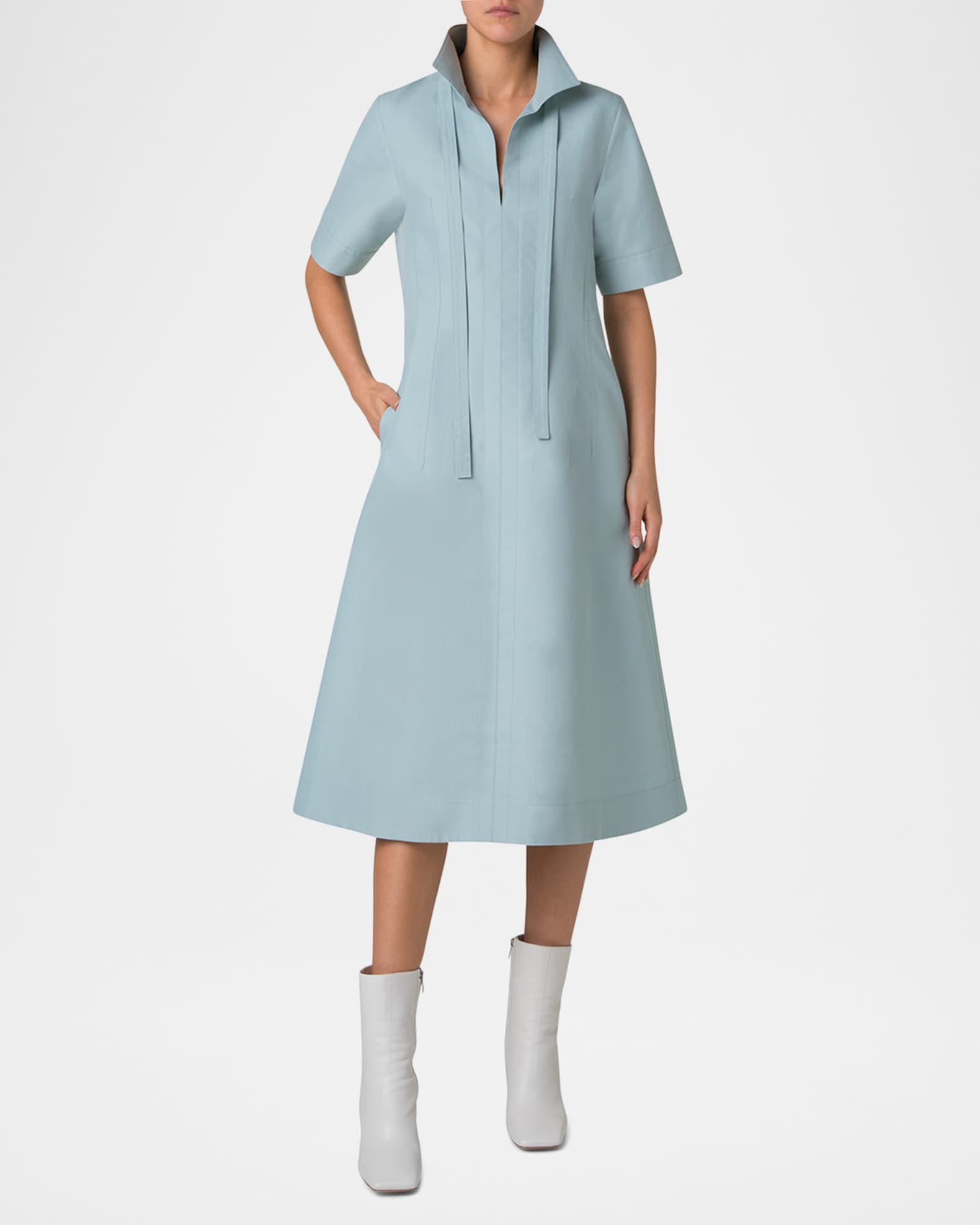 Collared Short-Sleeve Cotton Poplin A-Line Midi Shirtdress 1