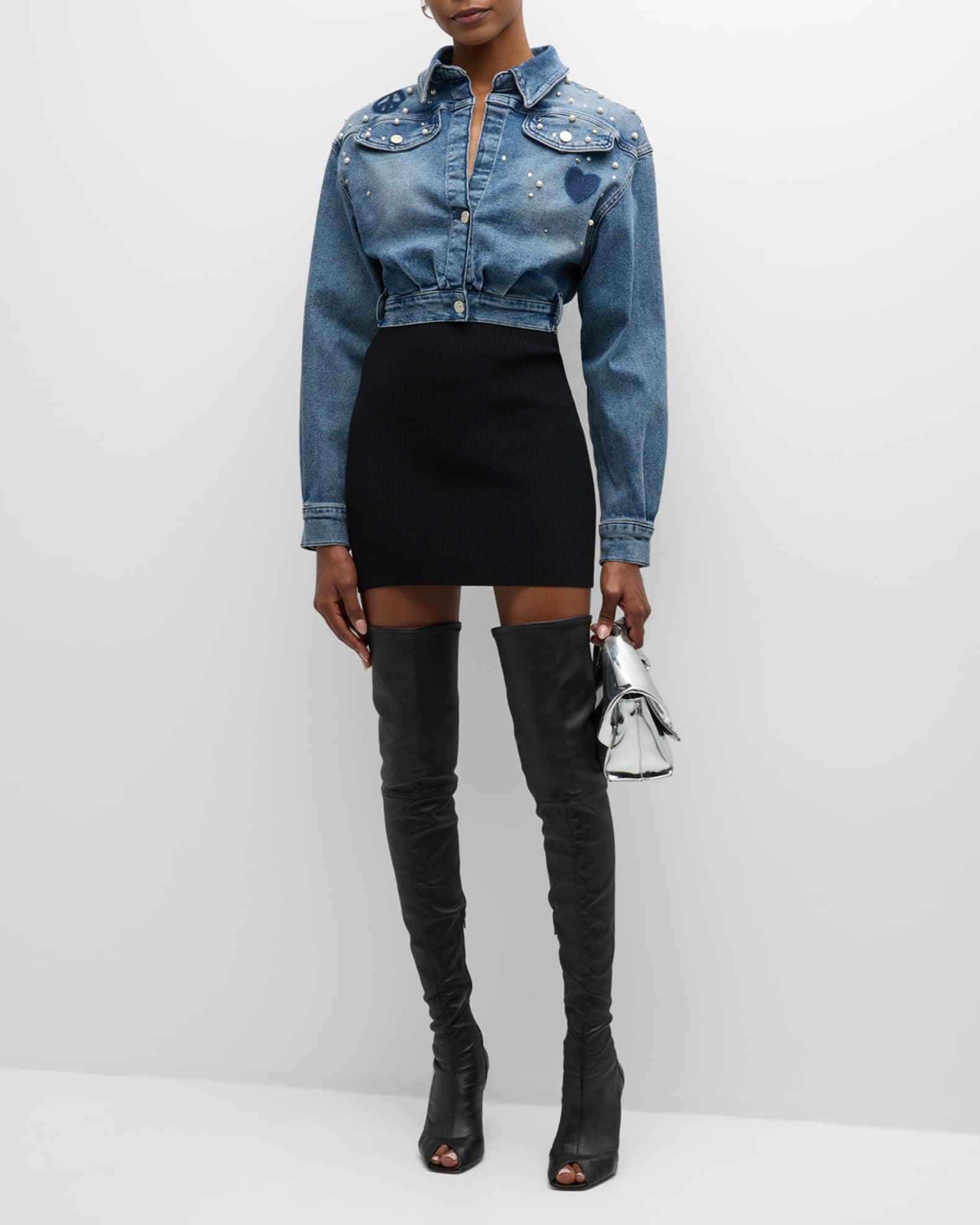 Pearl Embellished Cropped Denim Jacket