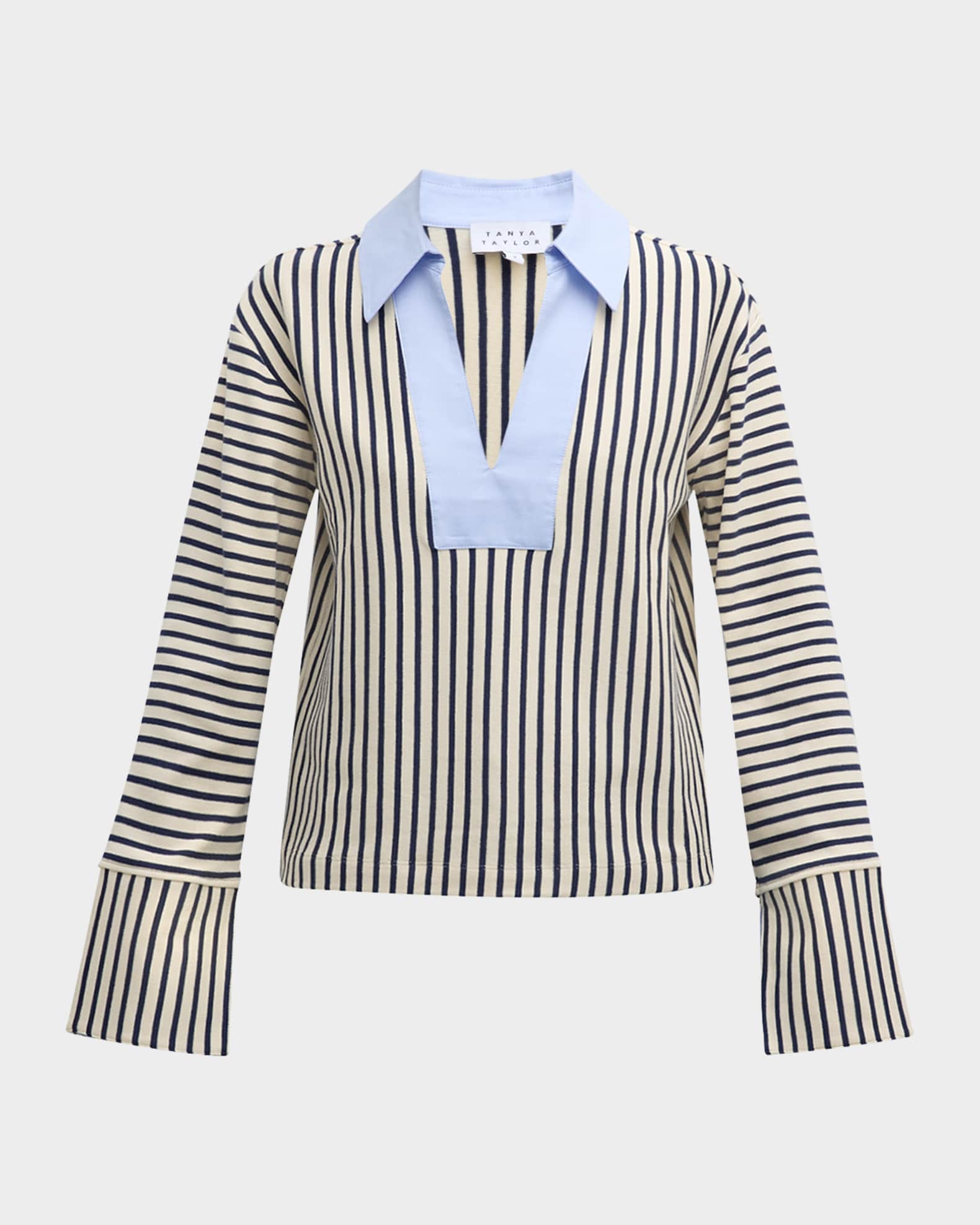 Tanya Taylor Whitney Rugby Stripe Collared V-Neck Top