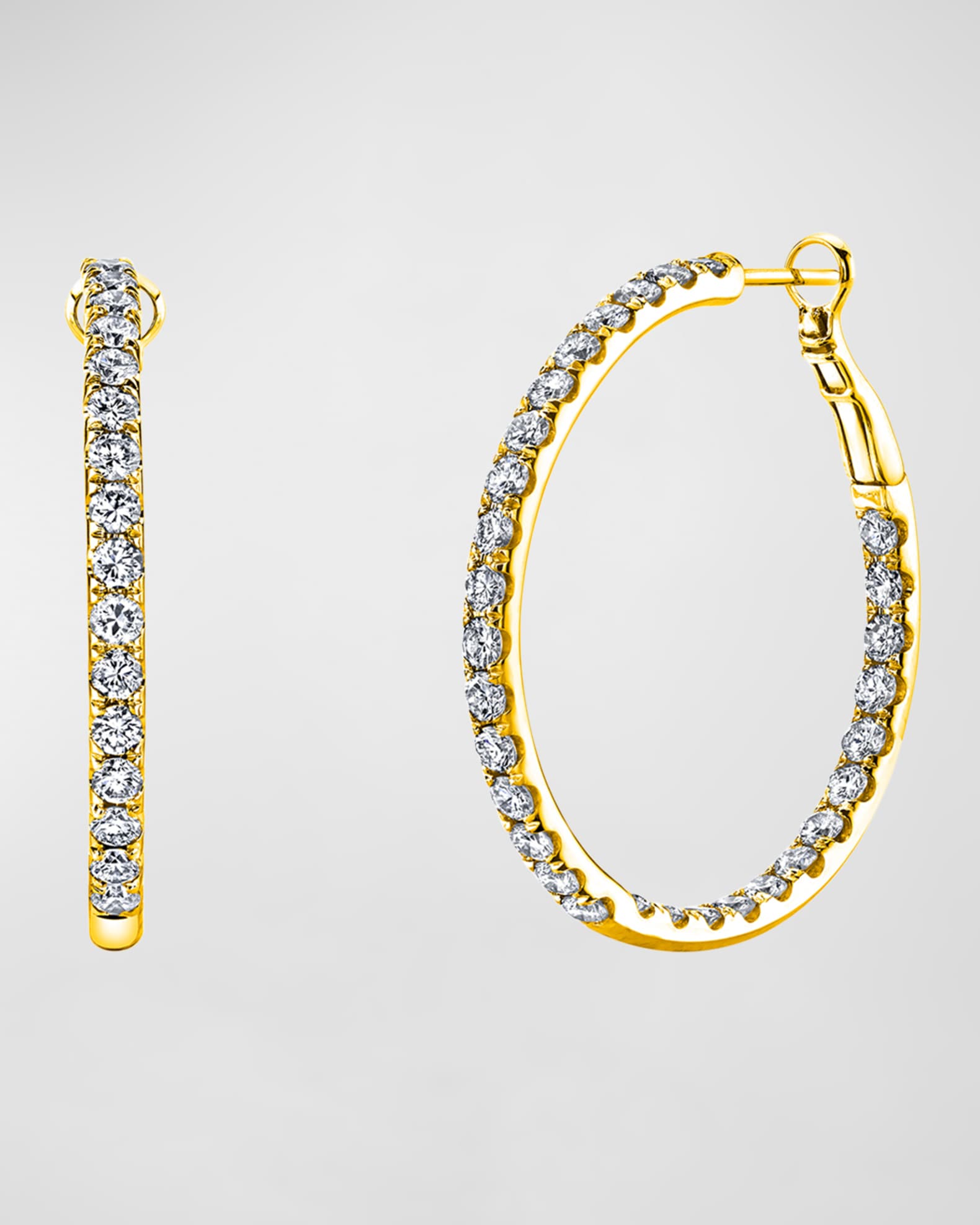 18K Gold Round Diamond Hoop Earrings, 5.1tcw/1.5"L 0