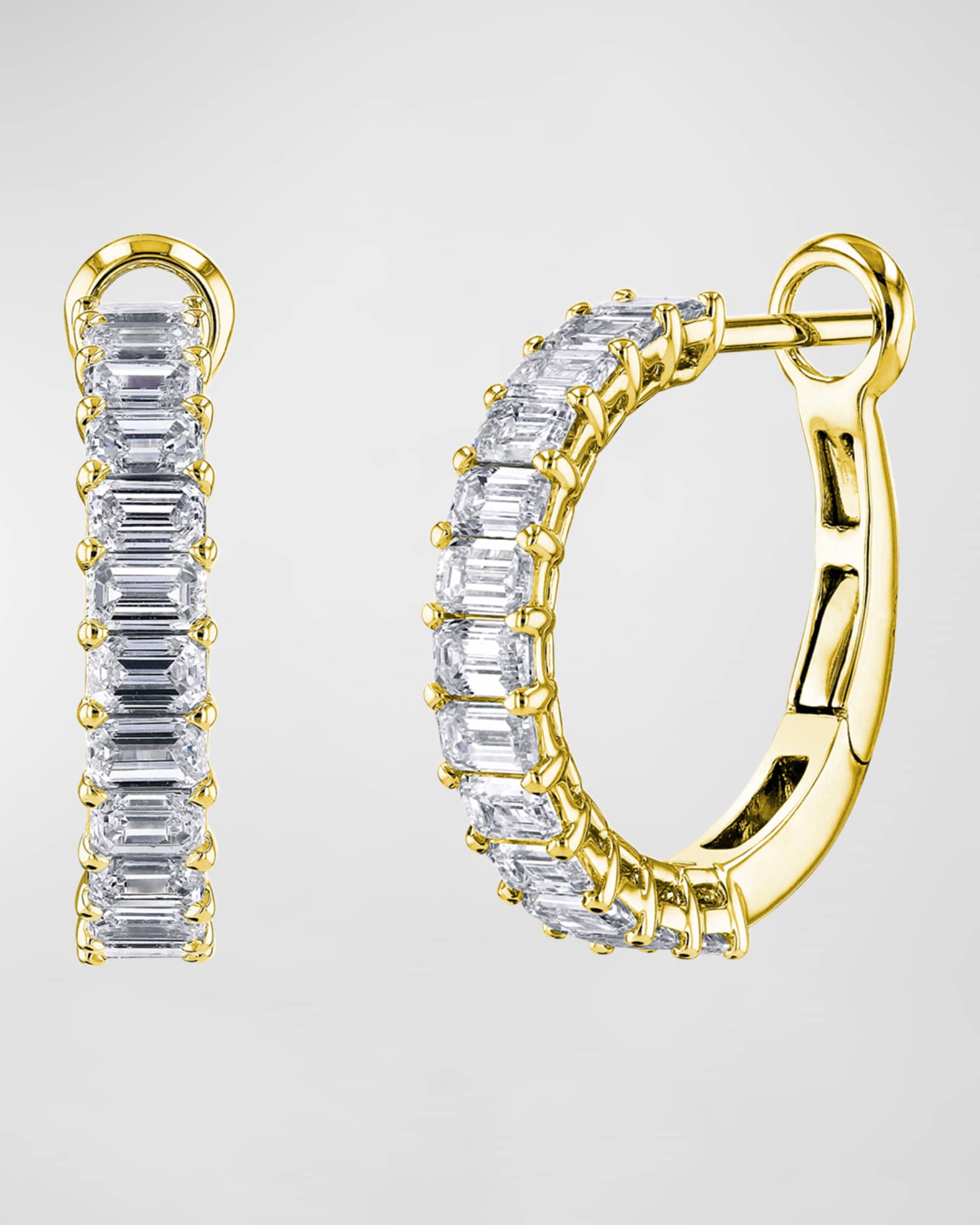 18K White Gold Emerald-Cut Diamond Halfway Huggie Hoop Earrings, 2.6tcw/0.75"L 0