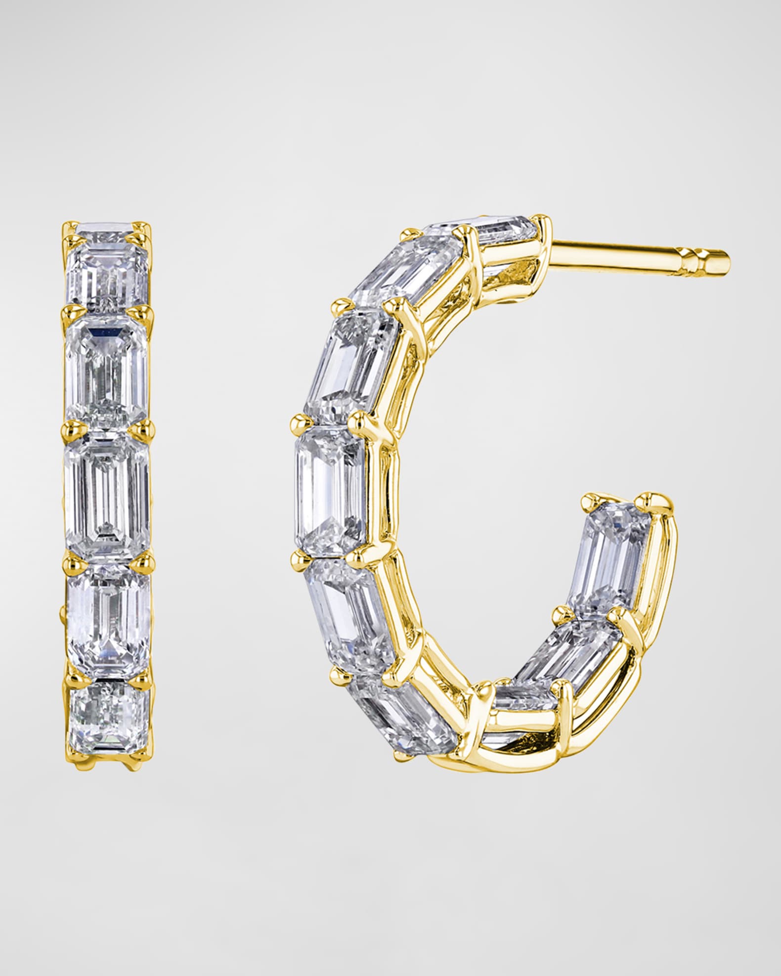 18K Gold North-South Emerald-Cut Diamond Hoop Earrings, 5.95tcw/0.75"L 0