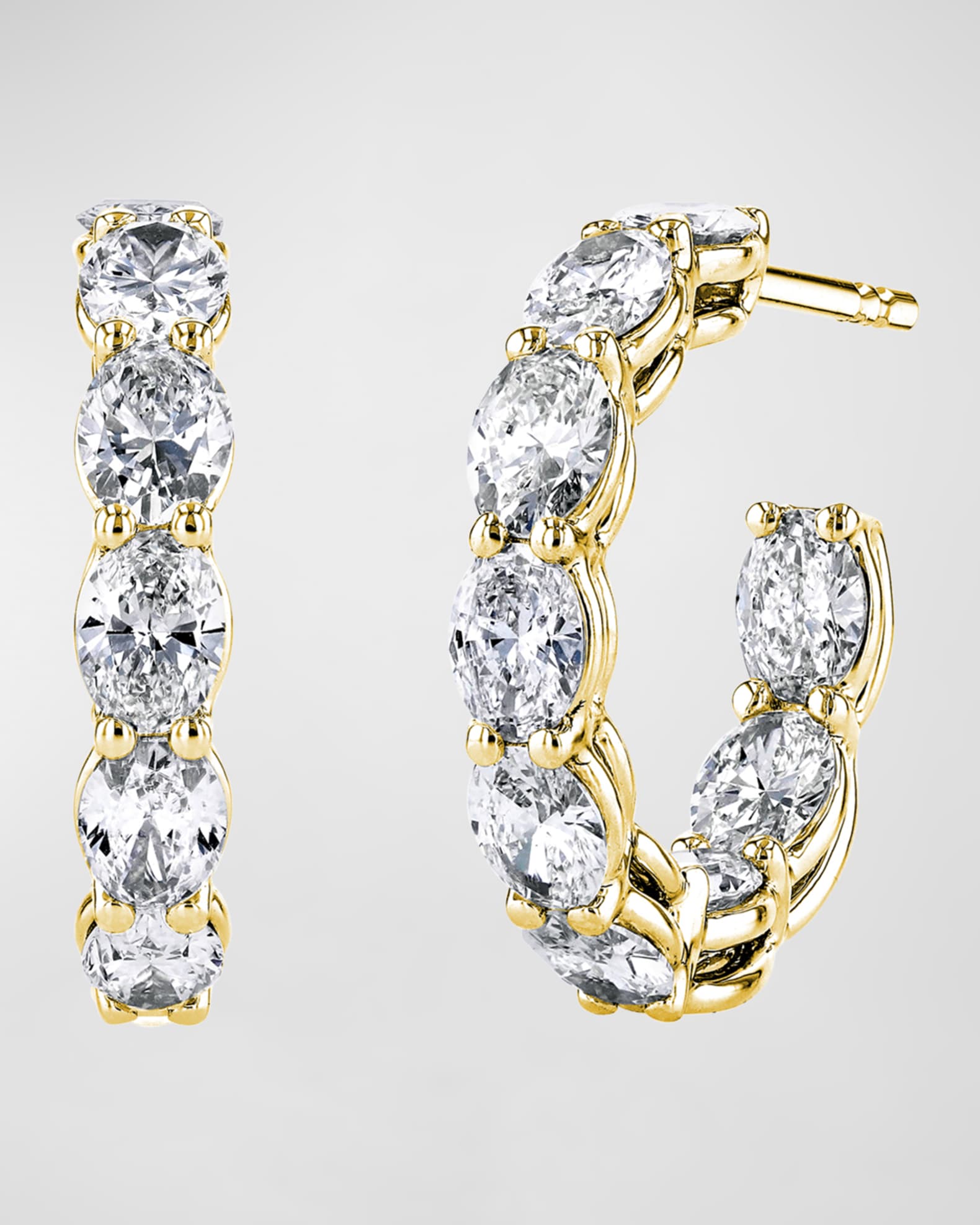 18K Gold North-South Oval-Cut Diamond Hoop Earrings, 6.6tcw/1"L 0