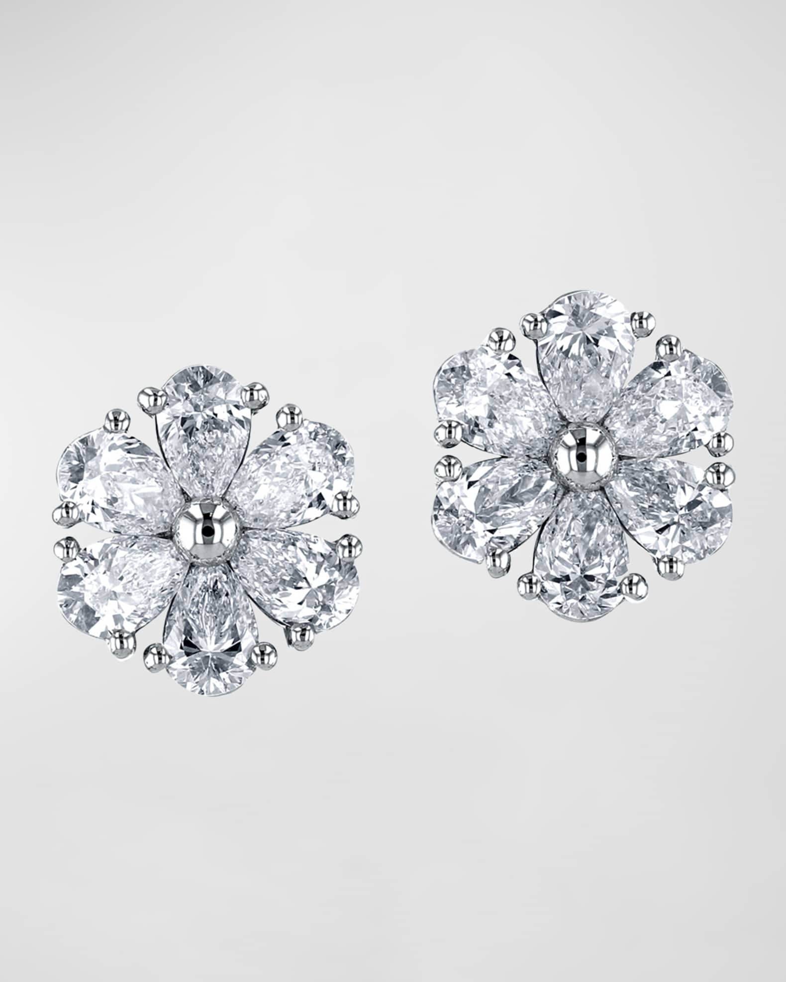 18K Gold Pear Shaped Diamond Flower Stud Earrings 6tcw 0.59 L 0.59 W