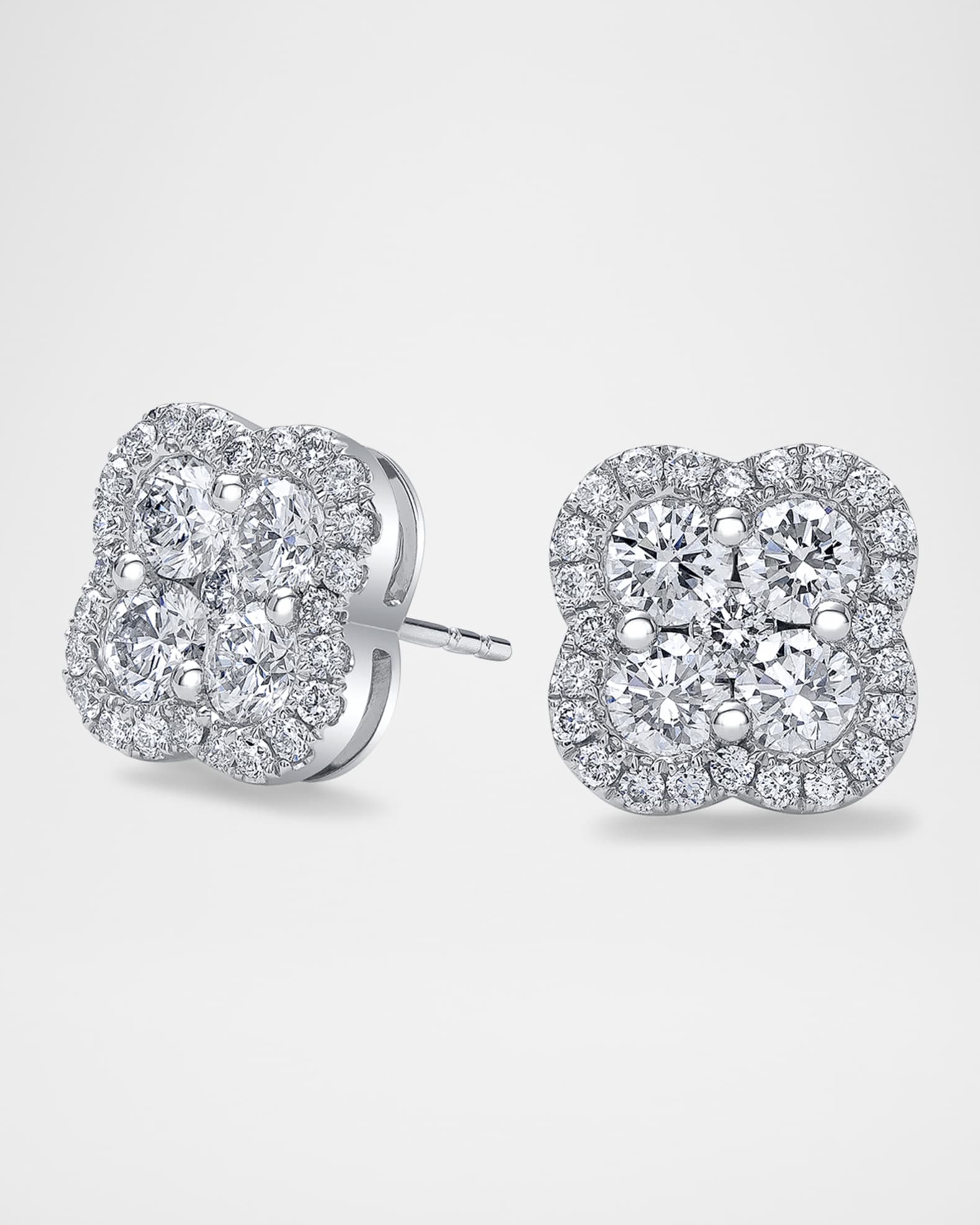 18K Gold Diamond Clover Halo Stud Earrings, 1.9tcw, 0.41" / 0.41"W 1