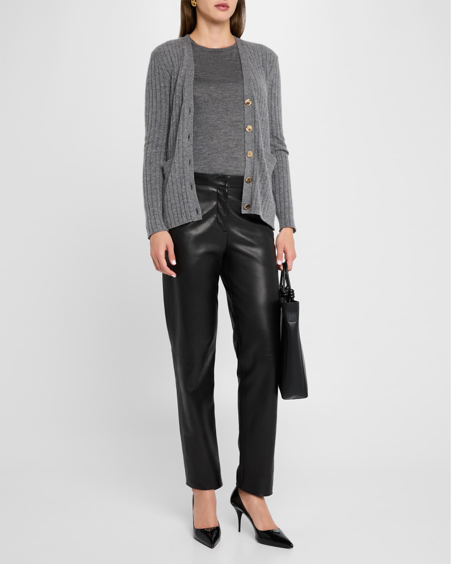 Neiman Marcus Cashmere Collection Cashmere Ribbed Button Down Cardigan Grey Women s S Sweaters Cashmere Sweaters